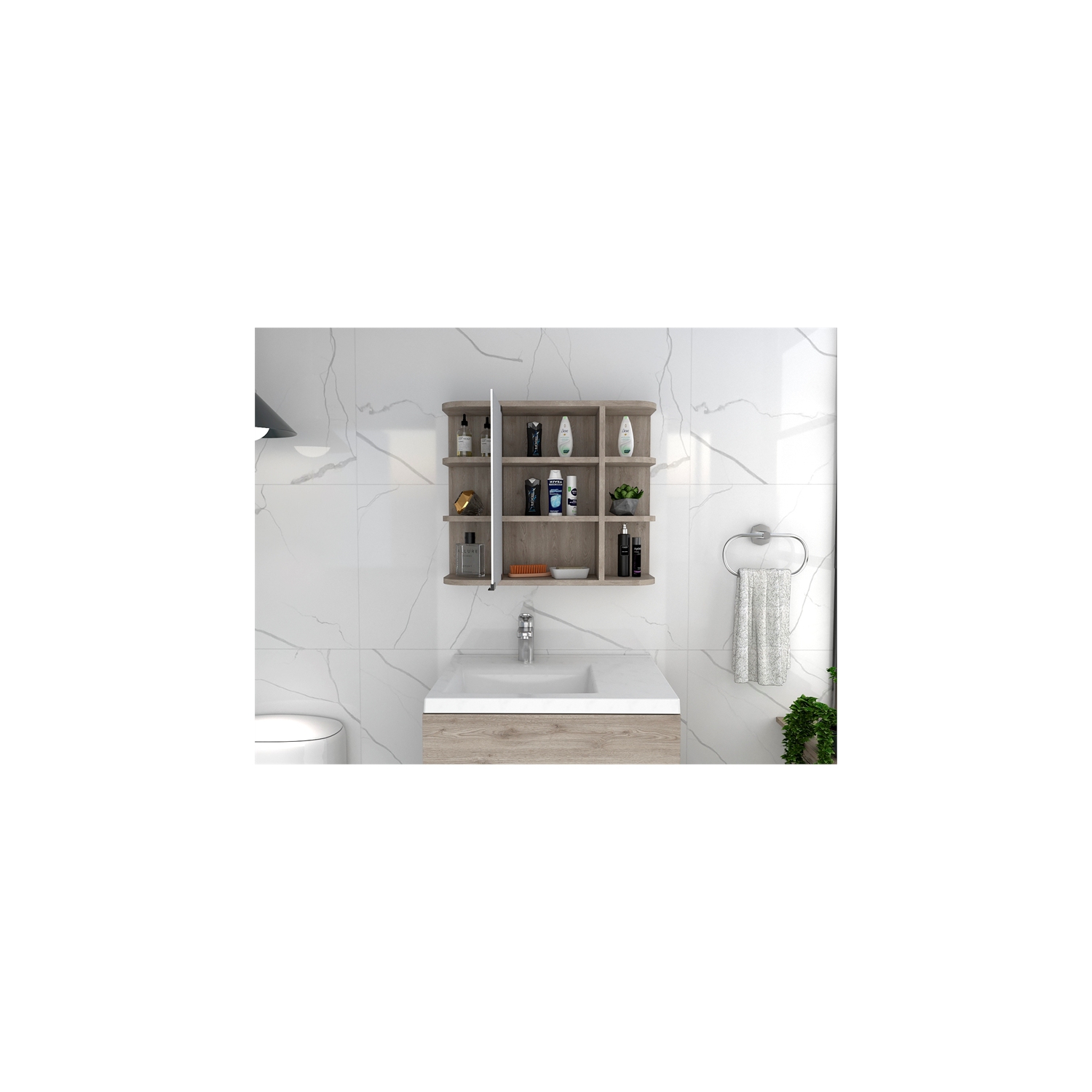 Armoire à pharmacie TuHome Milan avec fini cendré miroir et tablettes