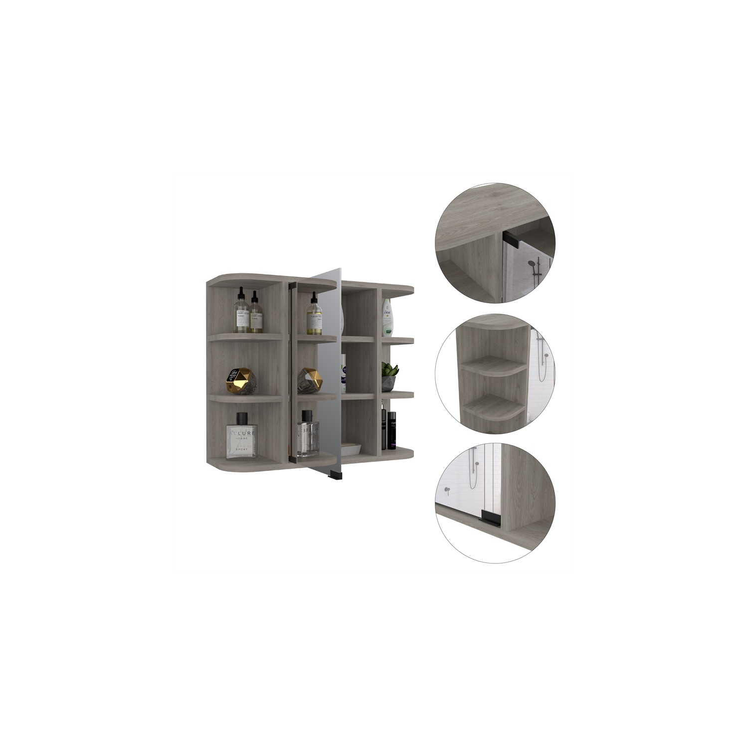 Armoire à pharmacie TuHome Milan avec fini cendré miroir et tablettes