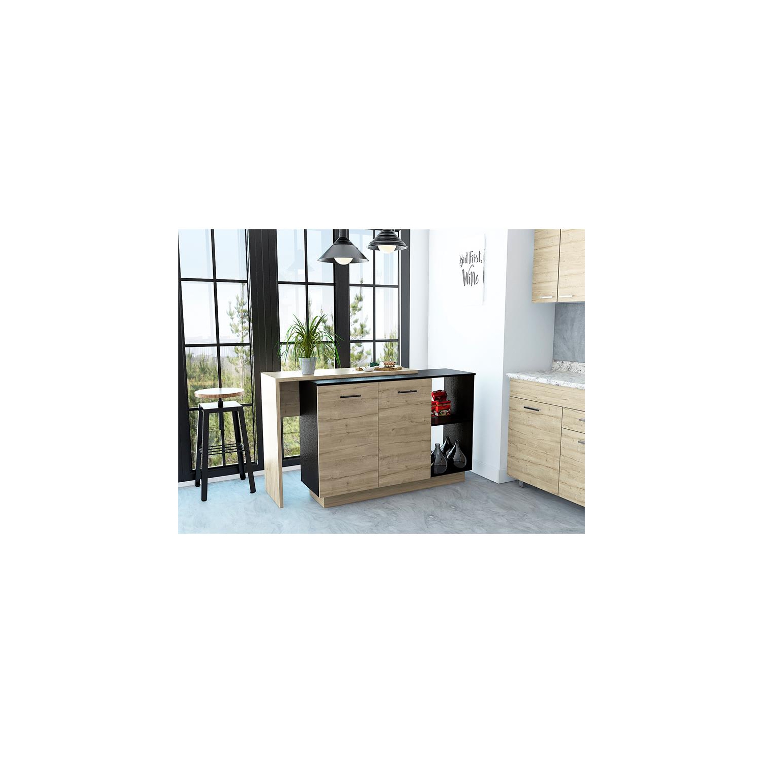 TUHOME Sicilia Two-Door Kitchen Island In Black-Light Oak - Engineered Wood