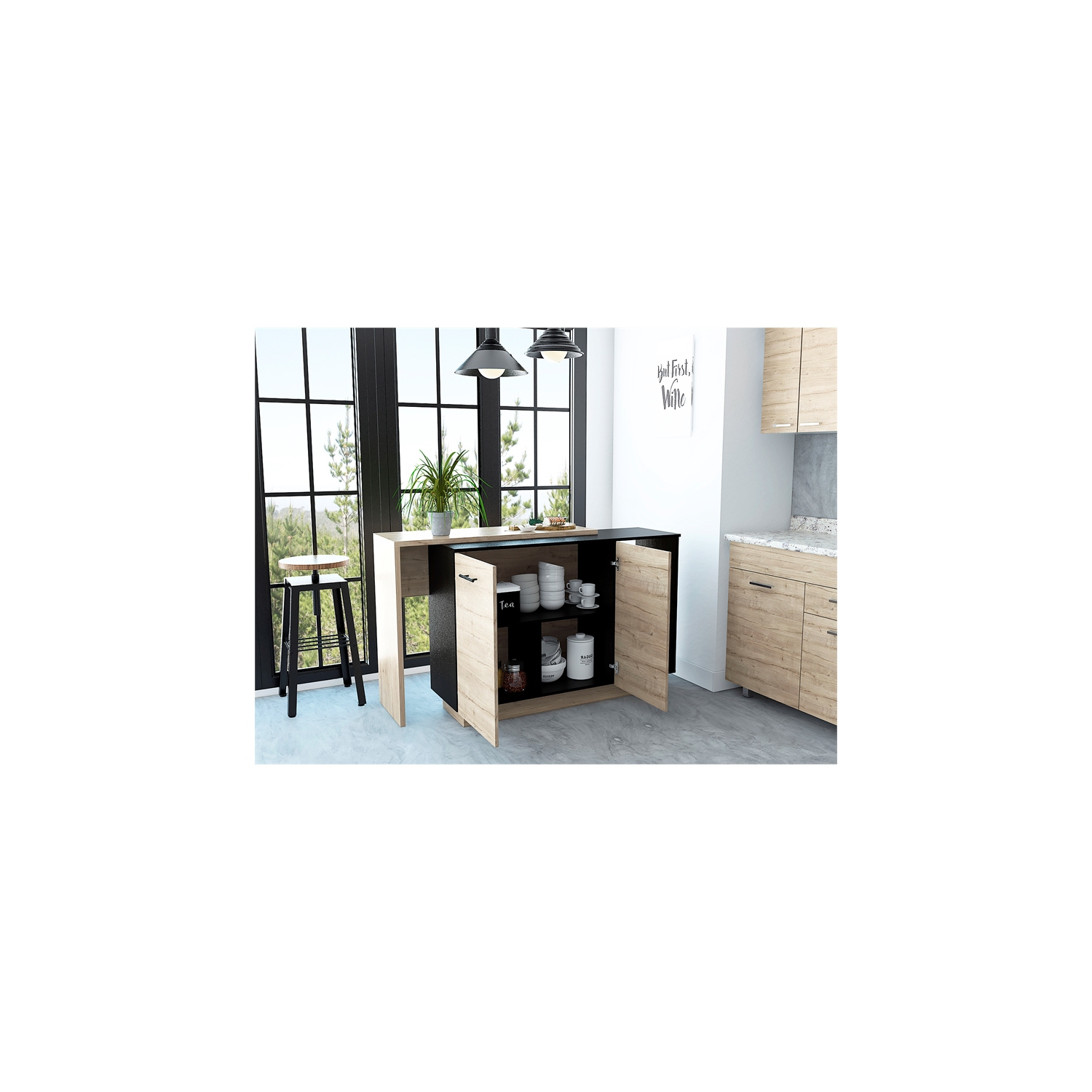 TUHOME Sicilia Two-Door Kitchen Island In Black-Light Oak - Engineered Wood