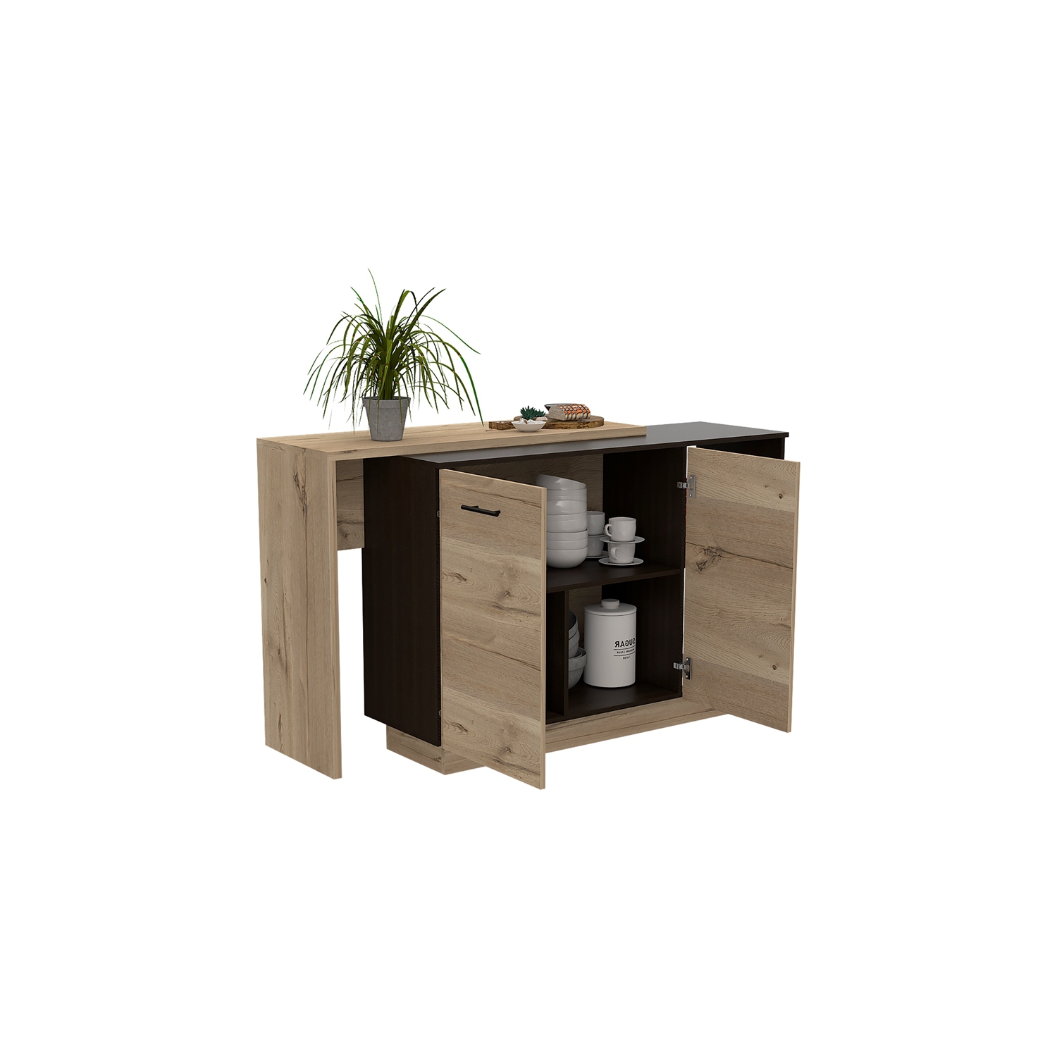 TUHOME Sicilia Two-Door Kitchen Island In Black-Light Oak - Engineered Wood