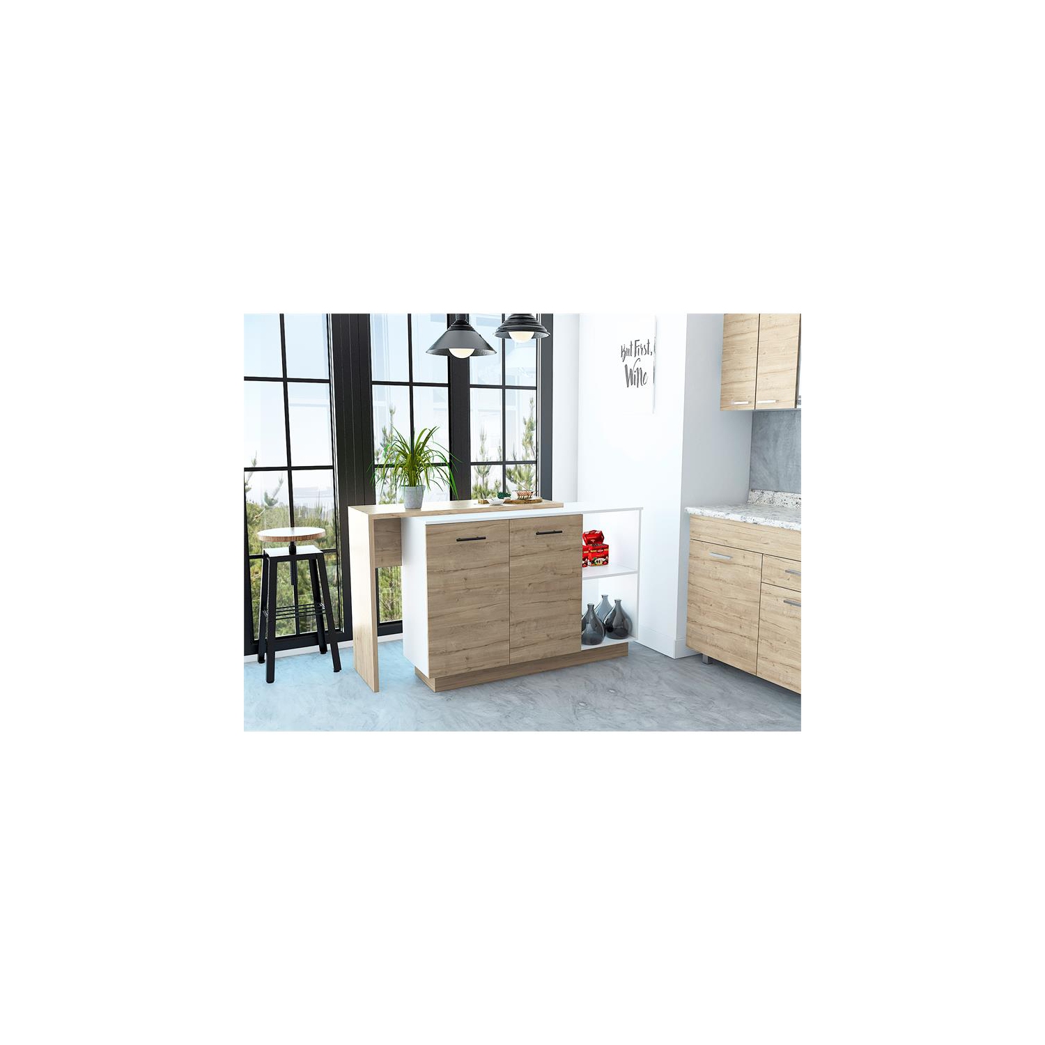 Îlot de cuisine moderne en pin blanc à deux portes Sicilia de TuHome