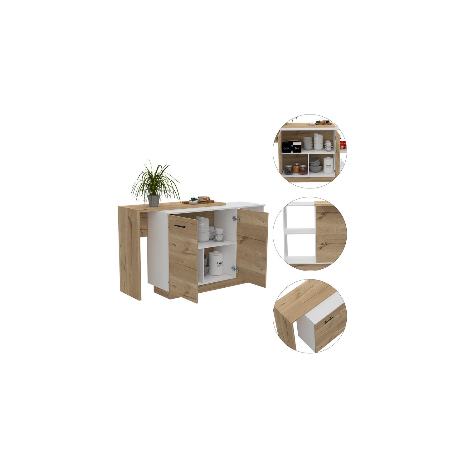 Îlot de cuisine moderne en pin blanc à deux portes Sicilia de TuHome