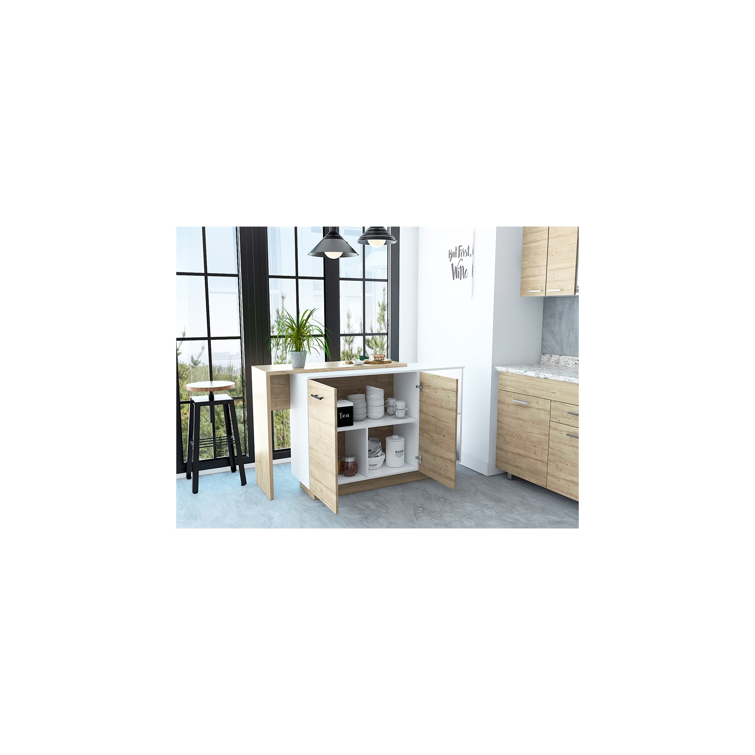 Îlot de cuisine moderne en pin blanc à deux portes Sicilia de TuHome