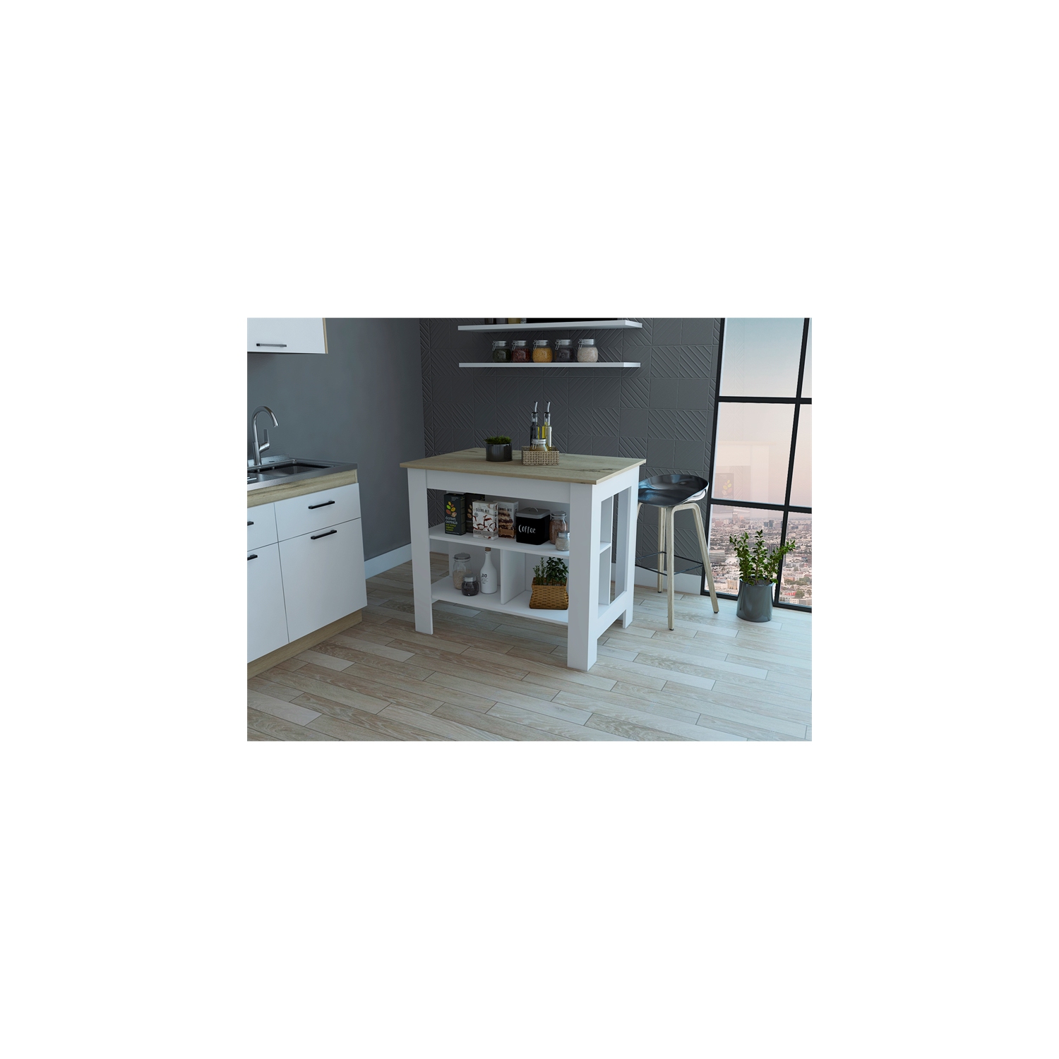 Îlot de cuisine en bois d’ingénierie de TUHOME Cala Kitchen Island, multicolore
