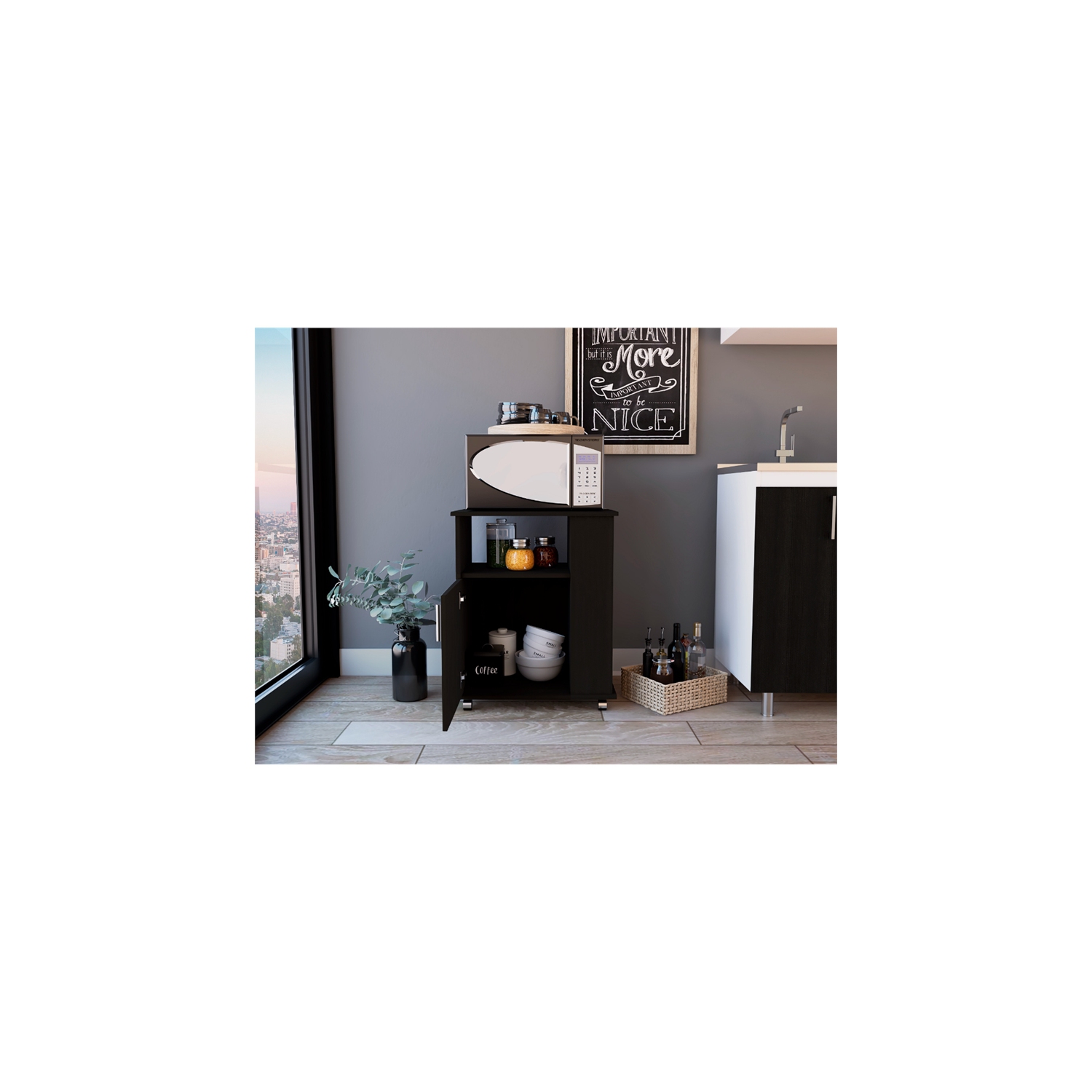 Meuble de four à micro-ondes inférieur en bois d’ingénierie moderne TuHome - Noir