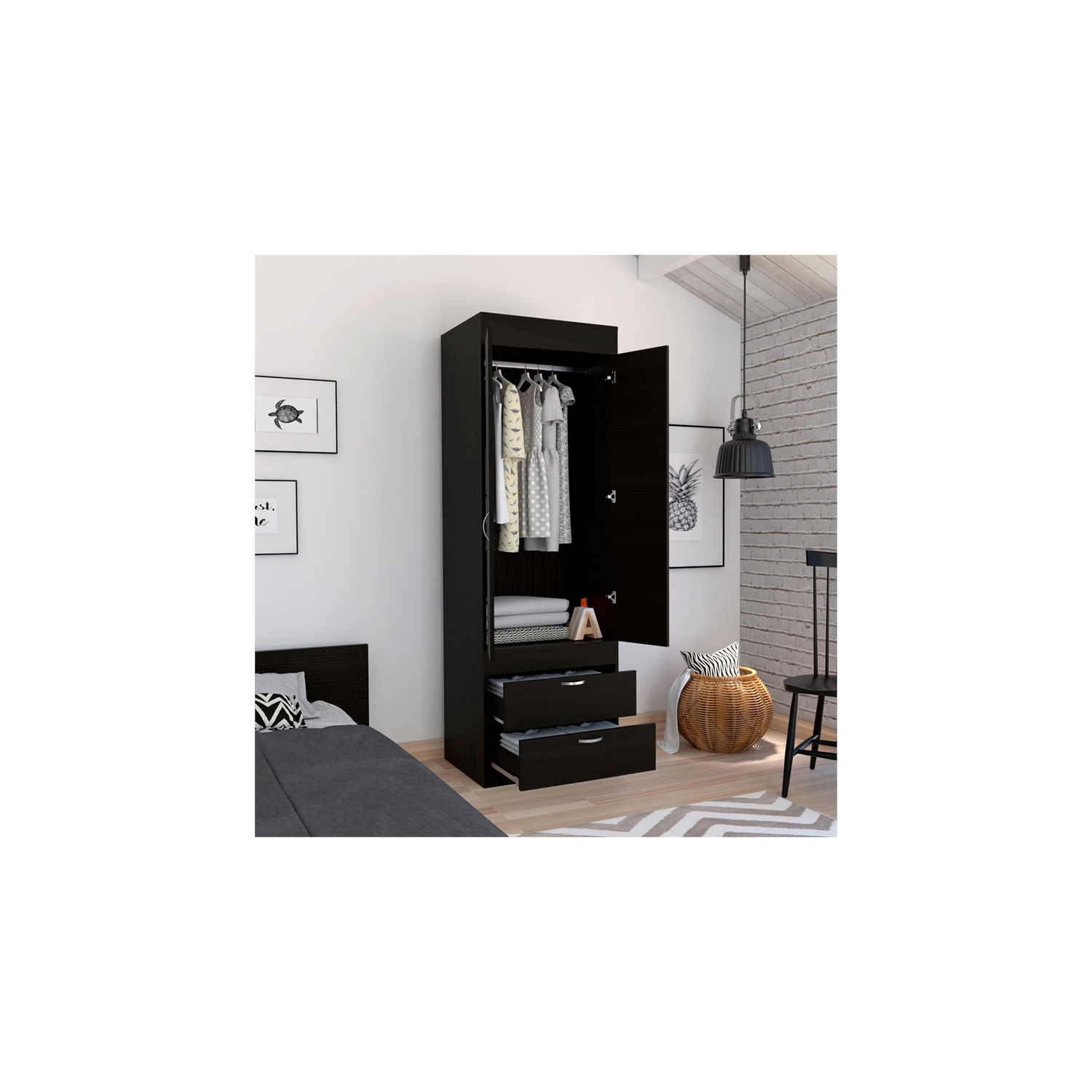TuHome Black Wengue – Armoire contemporaine à 2 tiroirs et 2 portes en bois d’ingénierie Lisboa