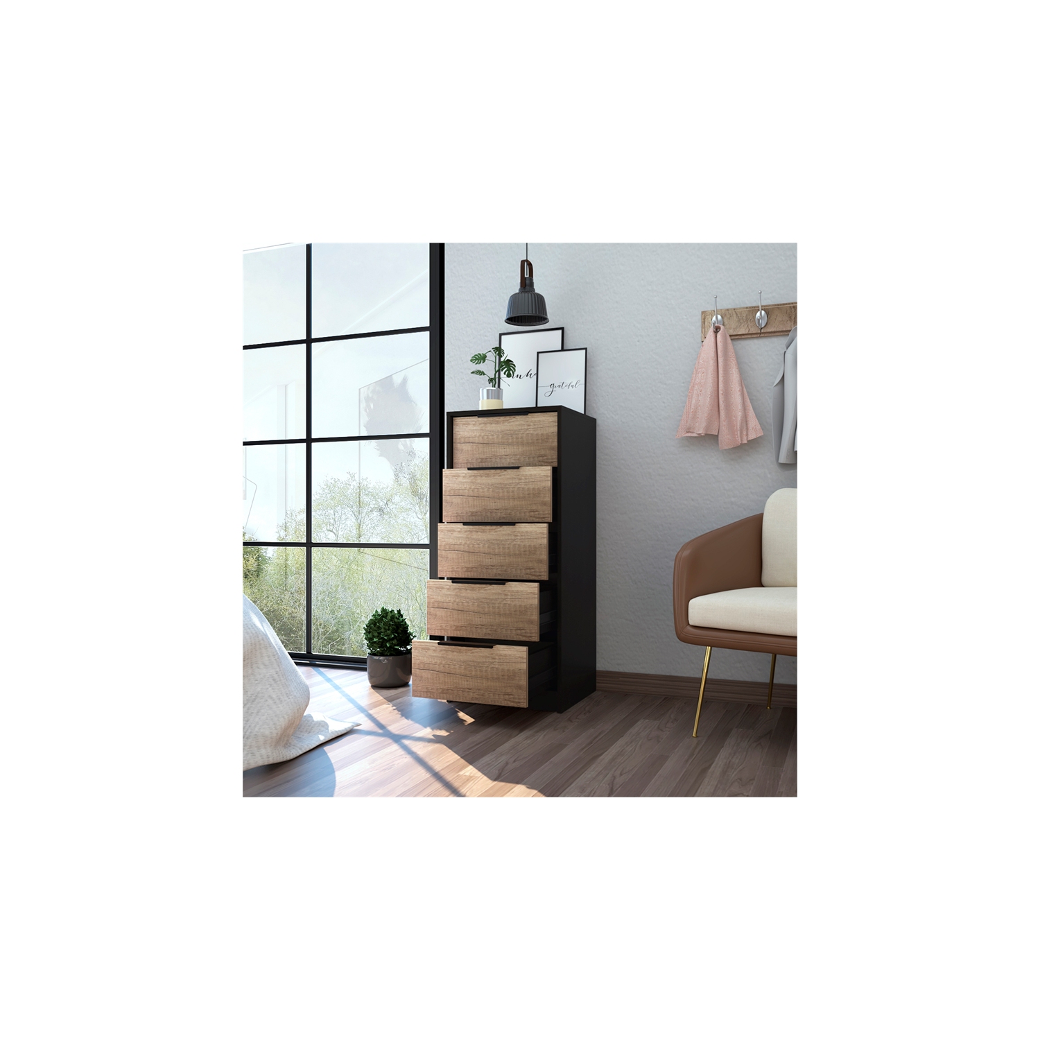 Tuhome Kaia 42" free standing 5 drawer dresser Espresso & Light Oak