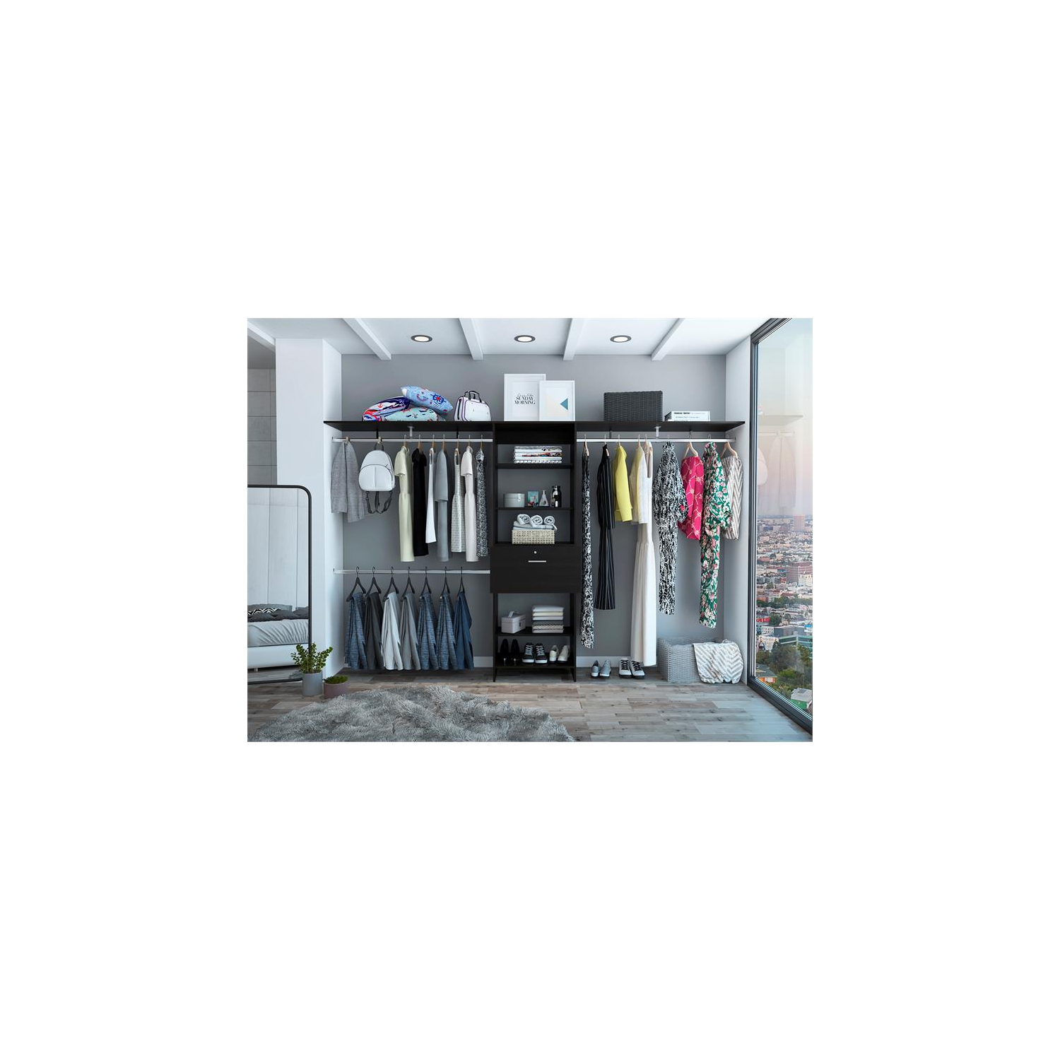 Tuhome Black Modern Engineered Wood Plego 70"W - 118"W Closet System