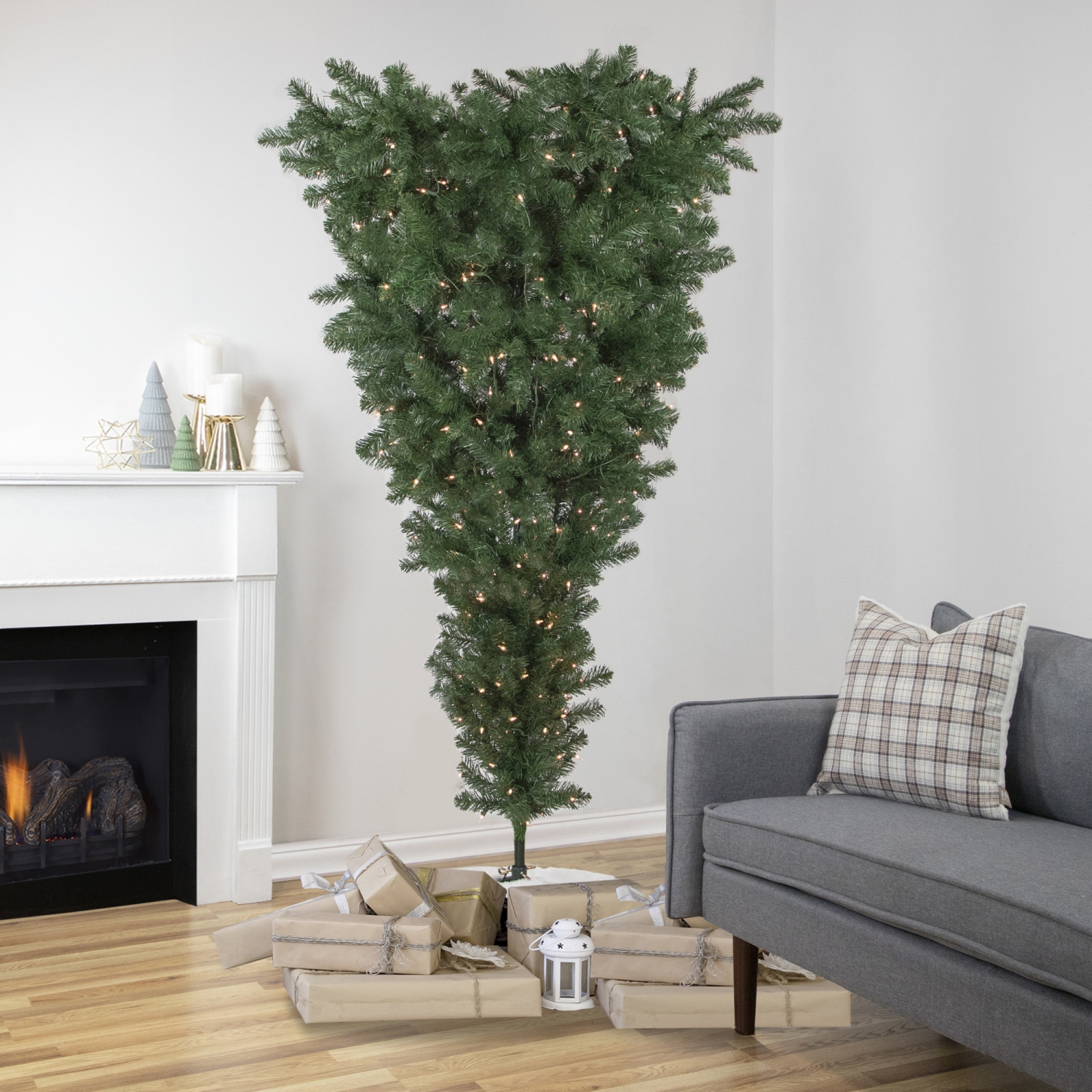 7.5' Pre-Lit Green Upside Down Spruce Artificial Christmas Tree, Clear Lights