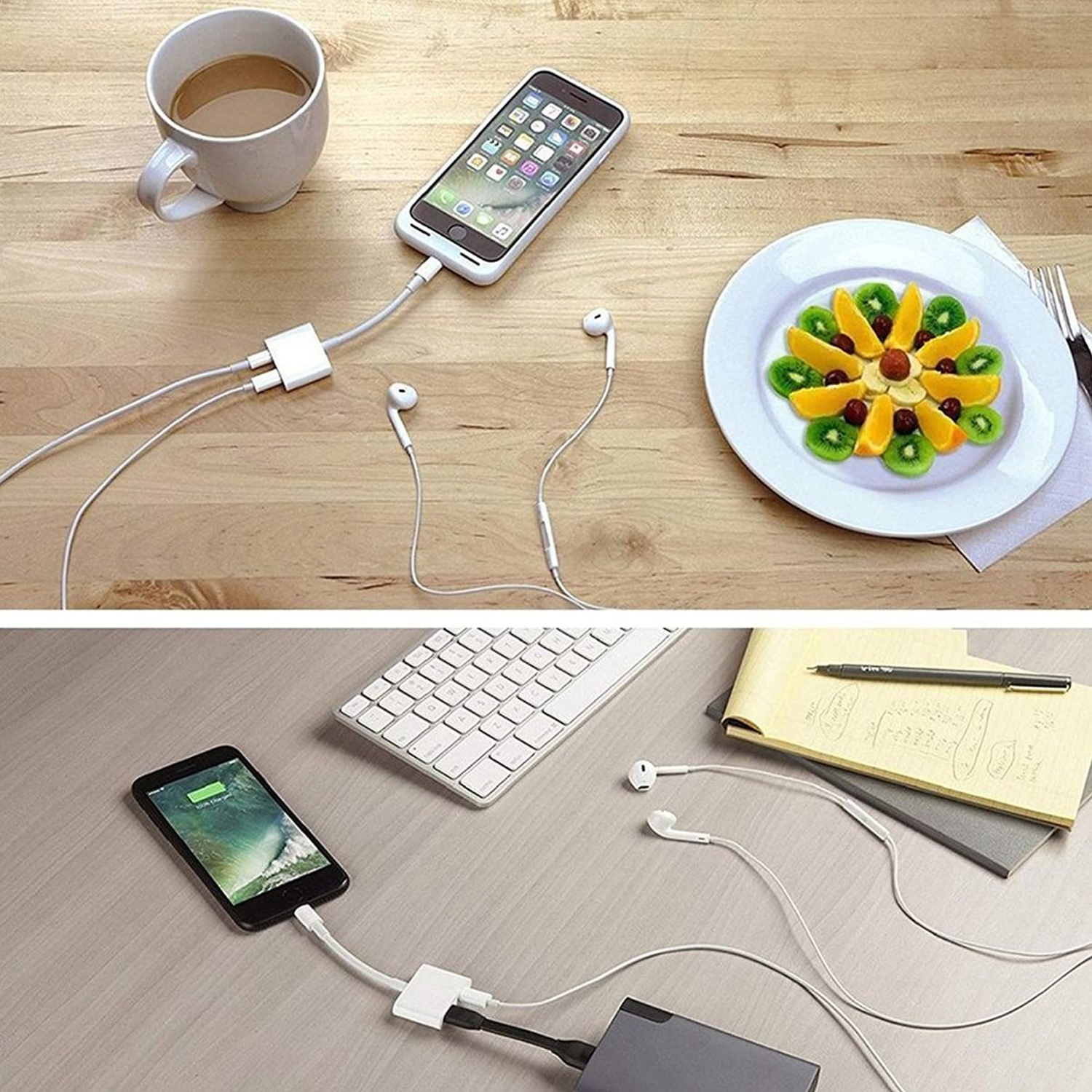 Pack de 2 Lightning Dual Ports Dongle Adaptateur Chargeur Casque Écouteur Accessoire pour iPhone iPad