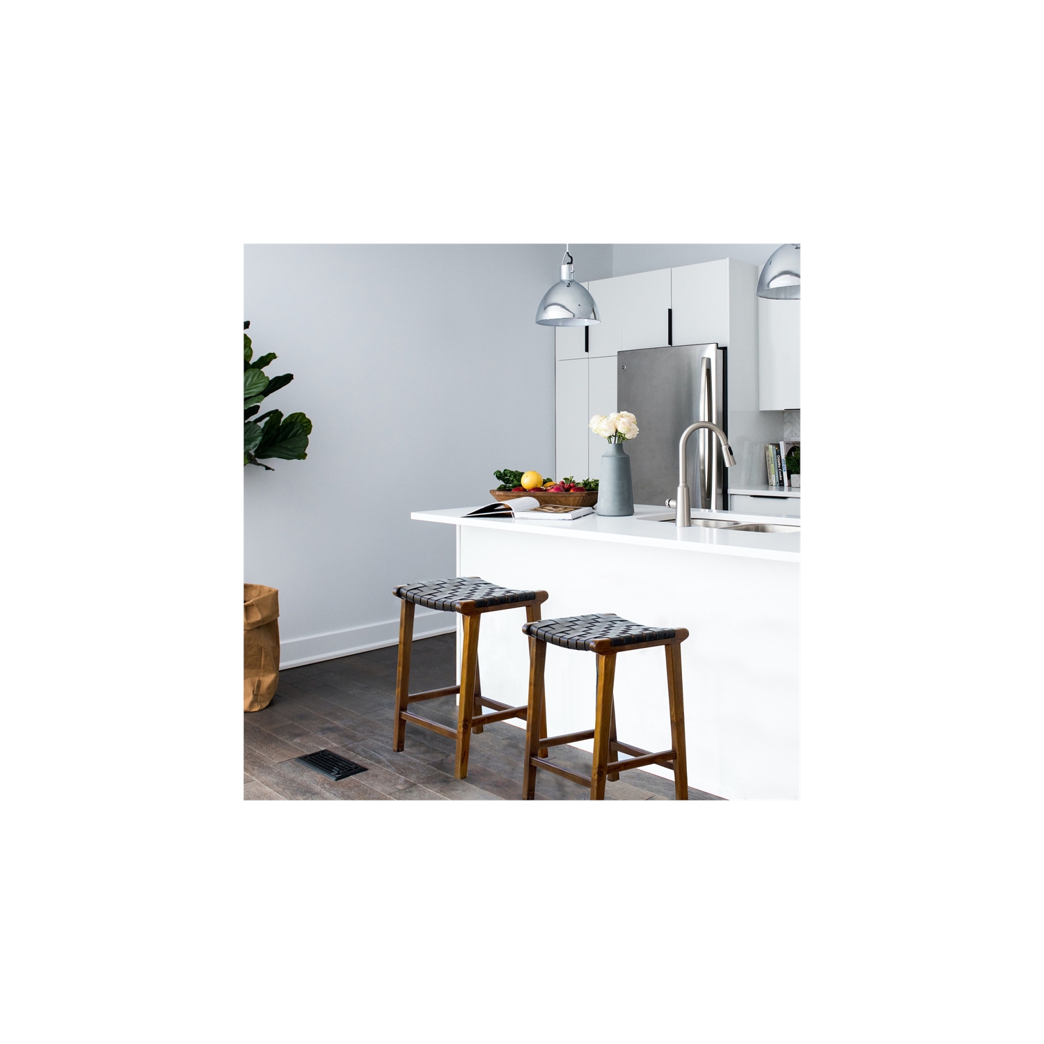 Phuket Mid Century Modern Saddle Genuine Leather Counter Stool in Black