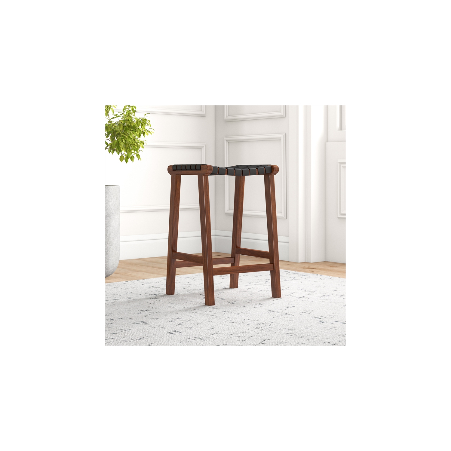 Phuket Mid Century Modern Saddle Genuine Leather Counter Stool in Black