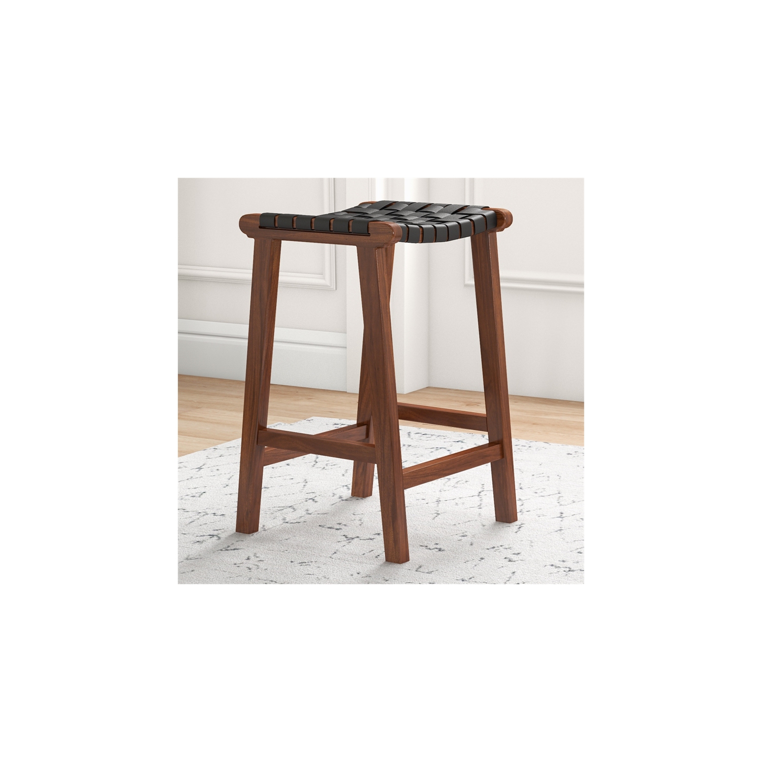 Phuket Mid Century Modern Saddle Genuine Leather Counter Stool in Black