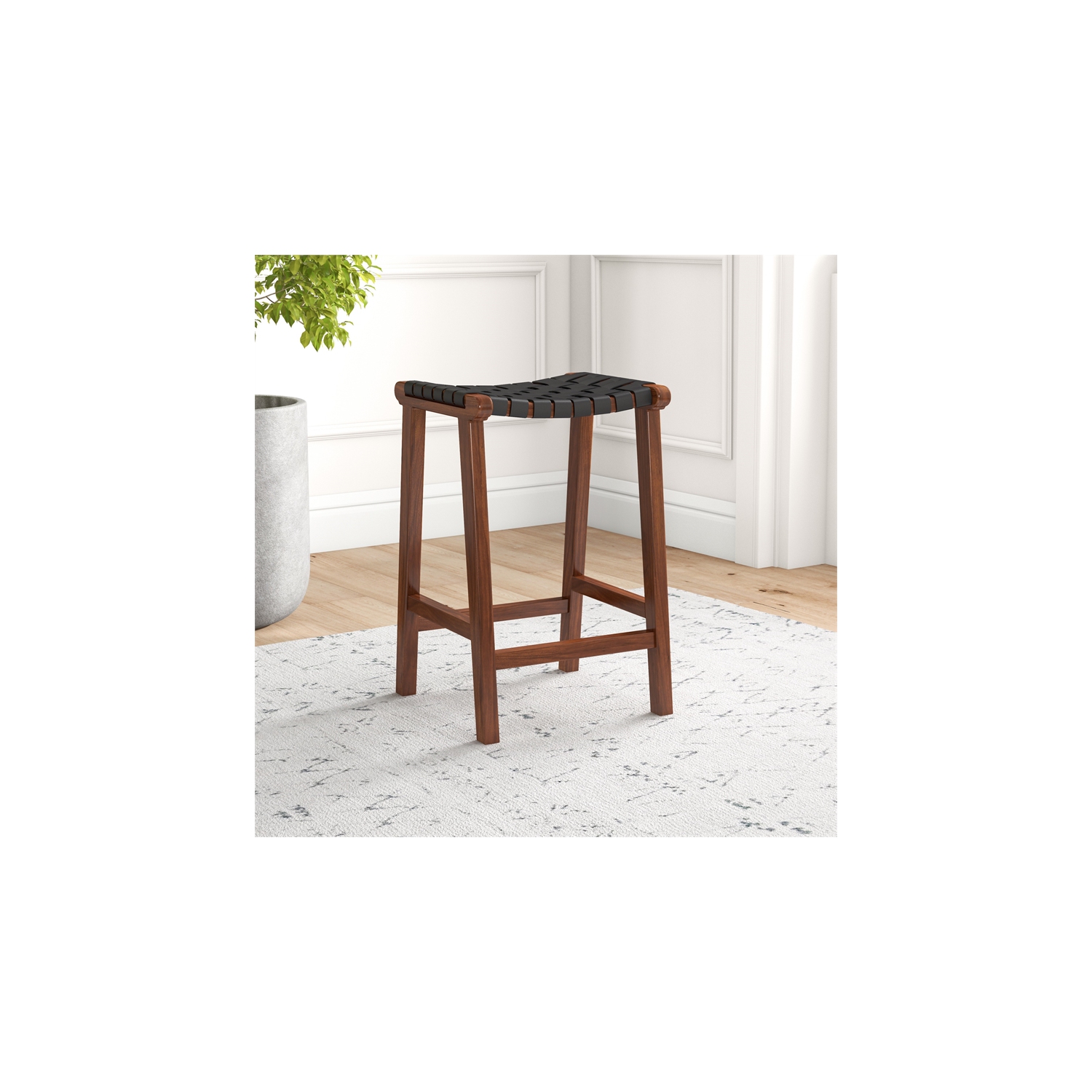 Phuket Mid Century Modern Saddle Genuine Leather Counter Stool in Black