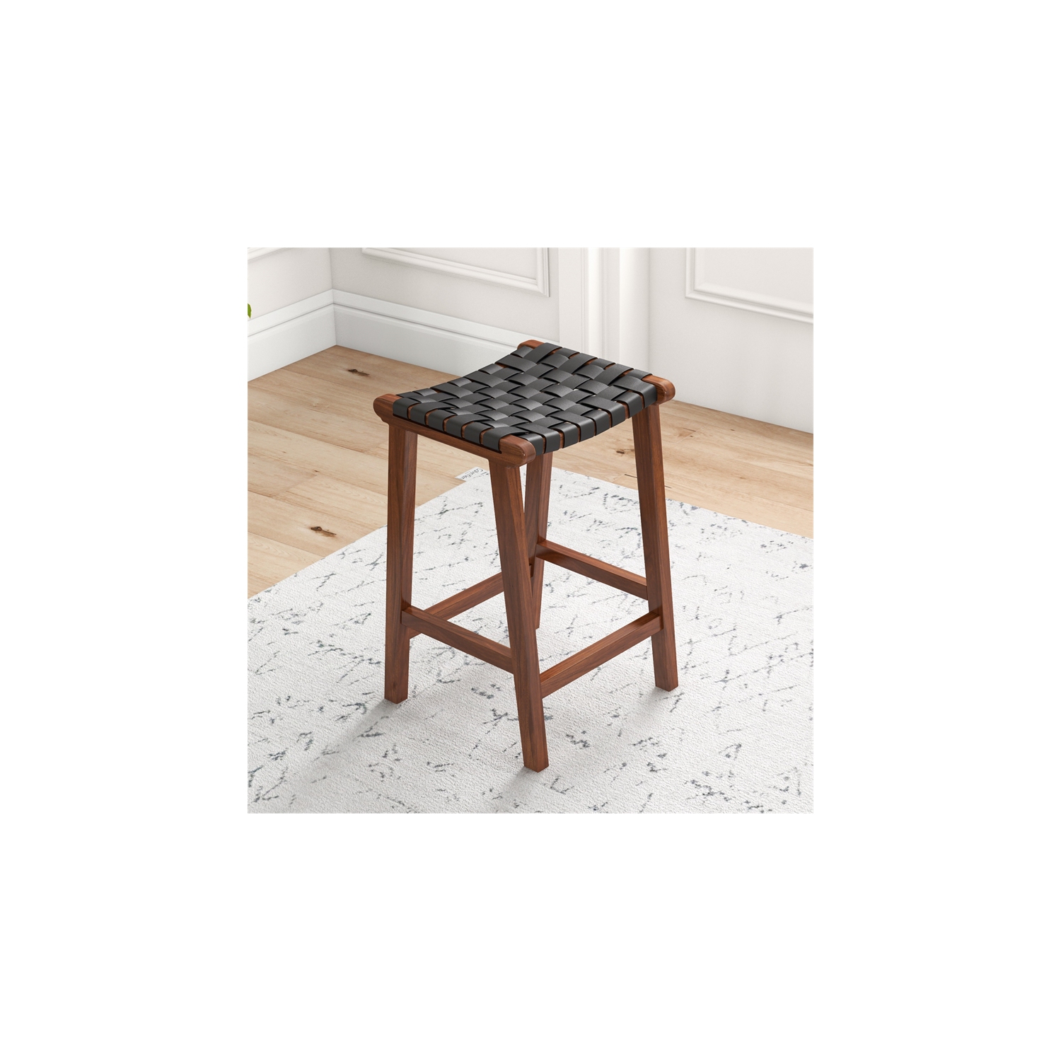 Phuket Mid Century Modern Saddle Genuine Leather Counter Stool in Black