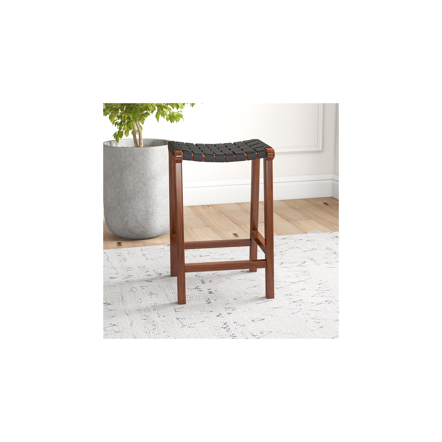 Phuket Mid Century Modern Saddle Genuine Leather Counter Stool in Black