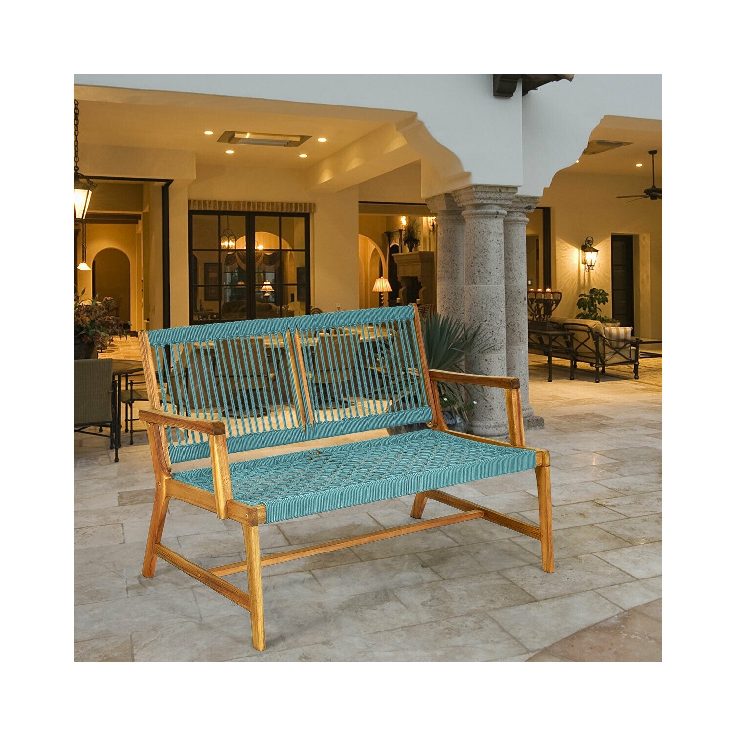 2-Person Acacia Wood Yard Bench for Balcony and Patio-Turquoise