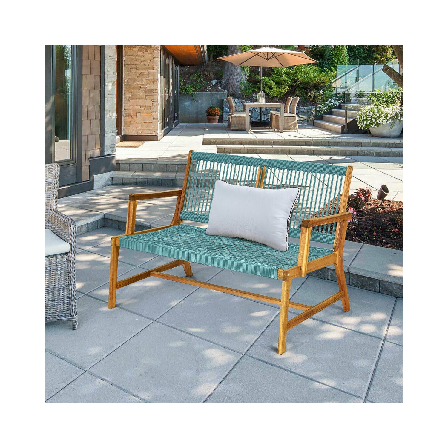 2-Person Acacia Wood Yard Bench for Balcony and Patio-Turquoise