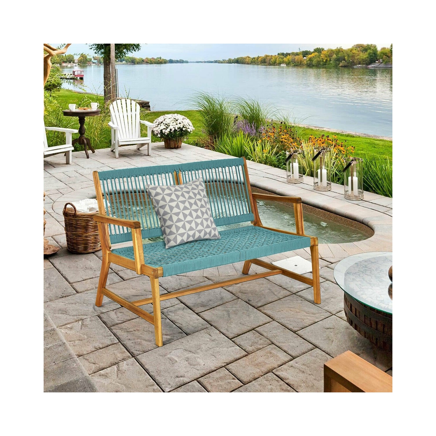2-Person Acacia Wood Yard Bench for Balcony and Patio-Turquoise
