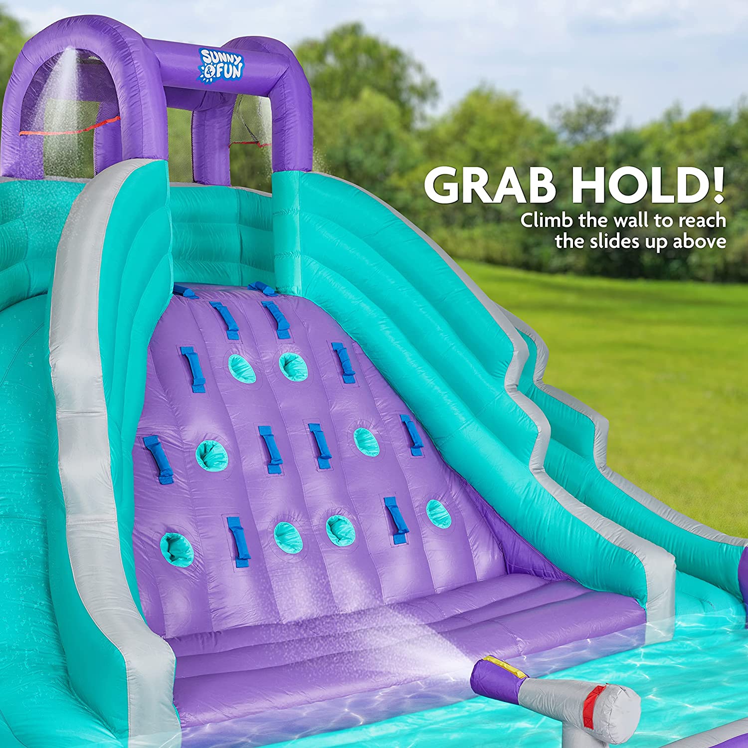SUNNY & FUN Ultra Climber Inflatable Water Slide Park – Heavy-Duty for Outdoor Fun - Climbing Wall, Two Slides & Splash Pool – Easy to Set Up &