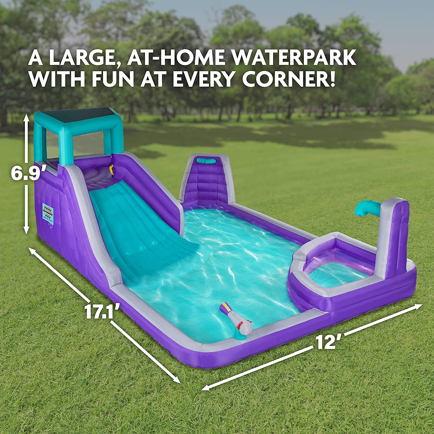 Sunny & Fun Four Corner Inflatable Water Slide Park – Heavy-Duty for Outdoor Fun - Climbing Wall, Slide & Deep Pool – Easy to Set Up & Inflate with