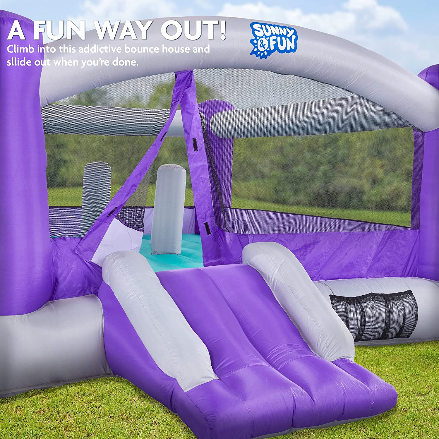 Sunny & Fun Inflatable Bounce House | Giant 12x10.5 Feet Blow-Up Jump Bouncy Castle for Kids with Air Blower, Stakes & Repair Kit | Easy Set Up for
