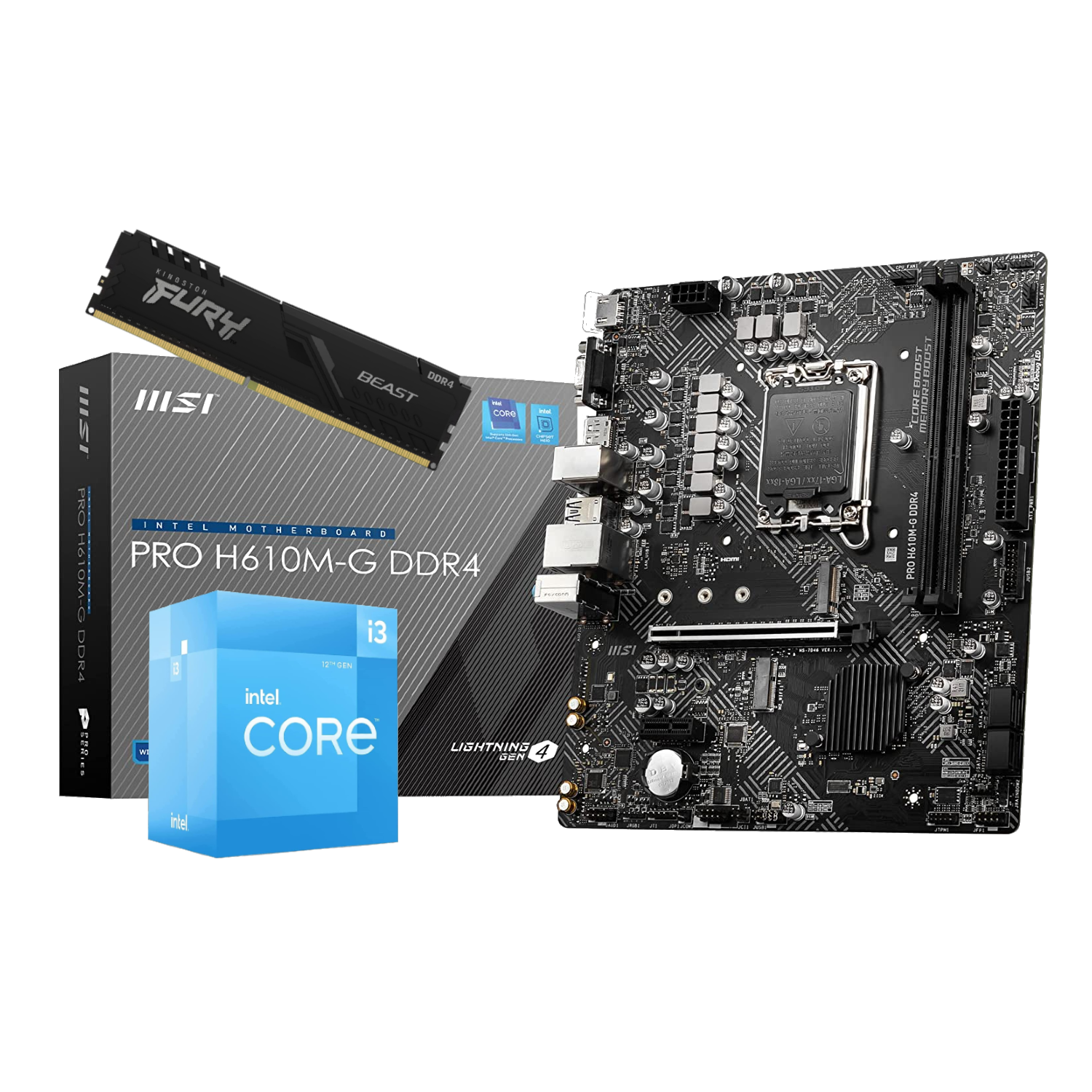 MSI PRO H610MG DDR4, D-SUB/HDMI/DP MATX MB + Intel Core i3-12100 (4 Core) 3.3 GHz CPU + Kingston 8GB 3200MHz DDR4 RAM Fury Beast w/ Heat Spreader