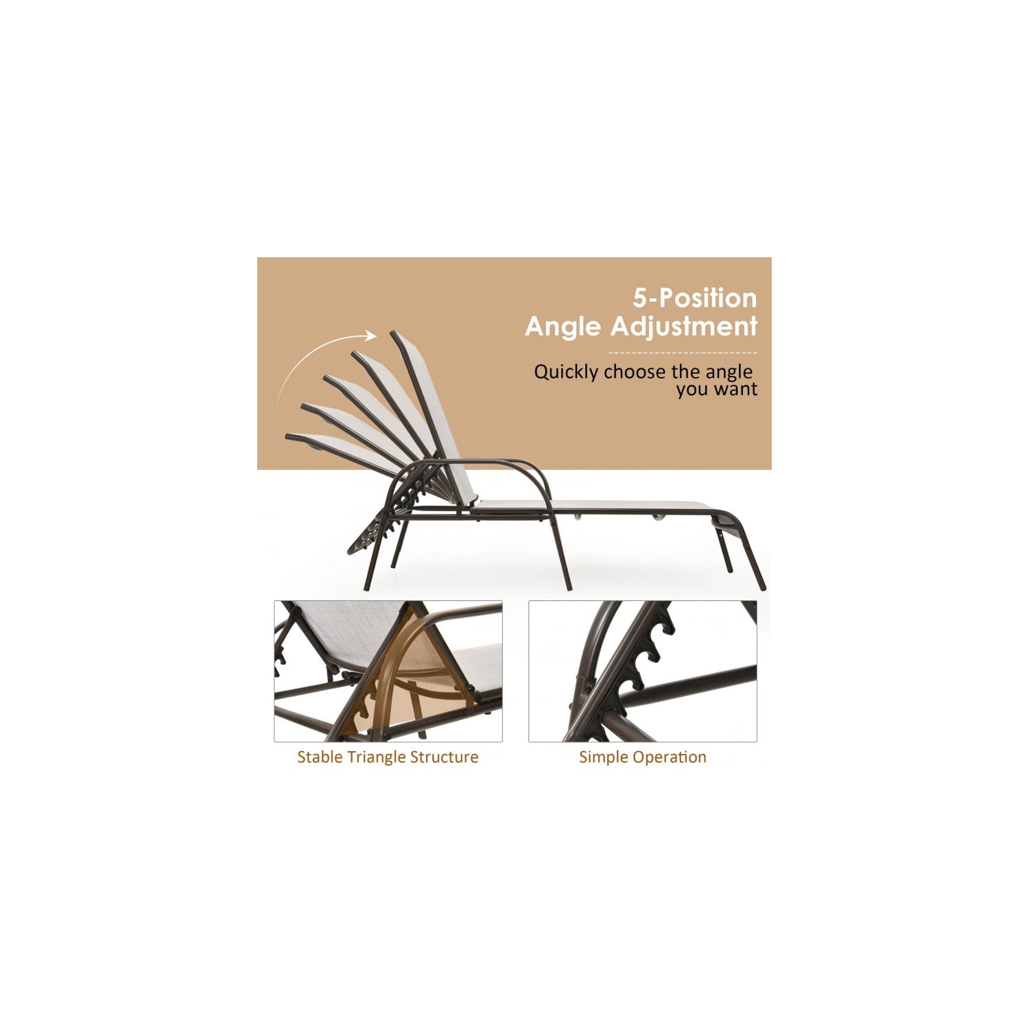 2 Pieces Outdoor Patio Lounge Chair with Adjustable Reclining Armrest