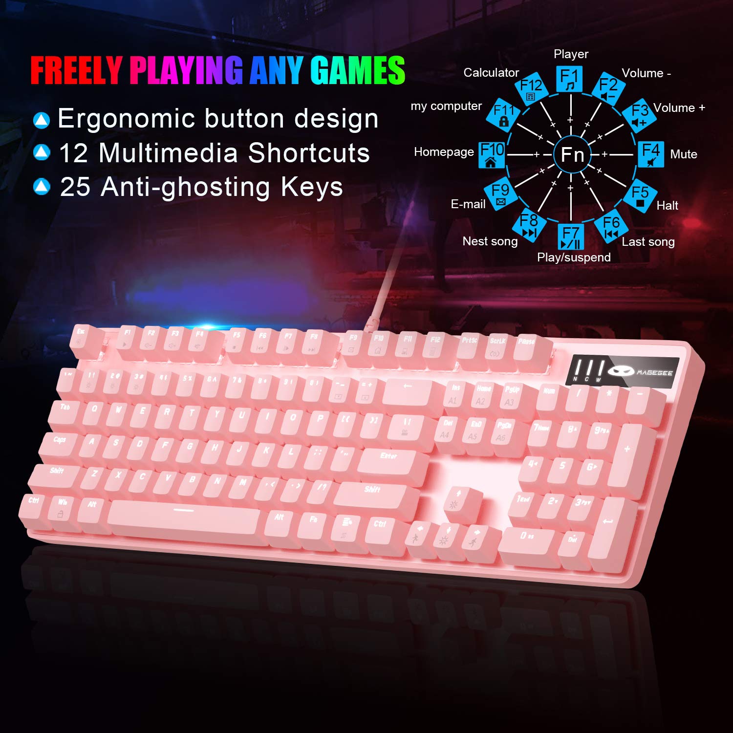 Clavier de jeu rose USB avec fil, MageGee nouveau clavier mécanique rétroéclairé ajustable résistant aux éclaboussures idéal pour les PC