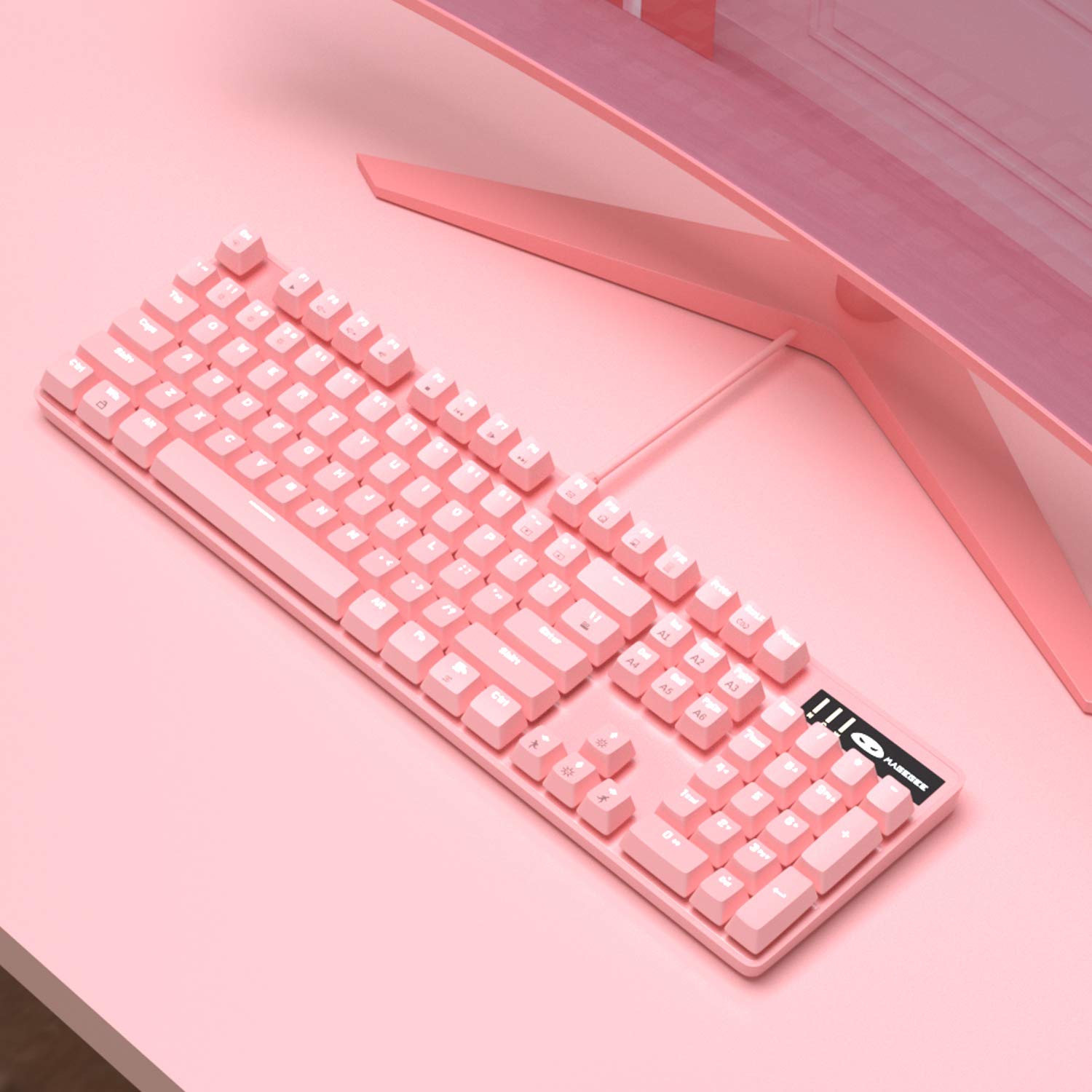 Clavier de jeu rose USB avec fil, MageGee nouveau clavier mécanique rétroéclairé ajustable résistant aux éclaboussures idéal pour les PC