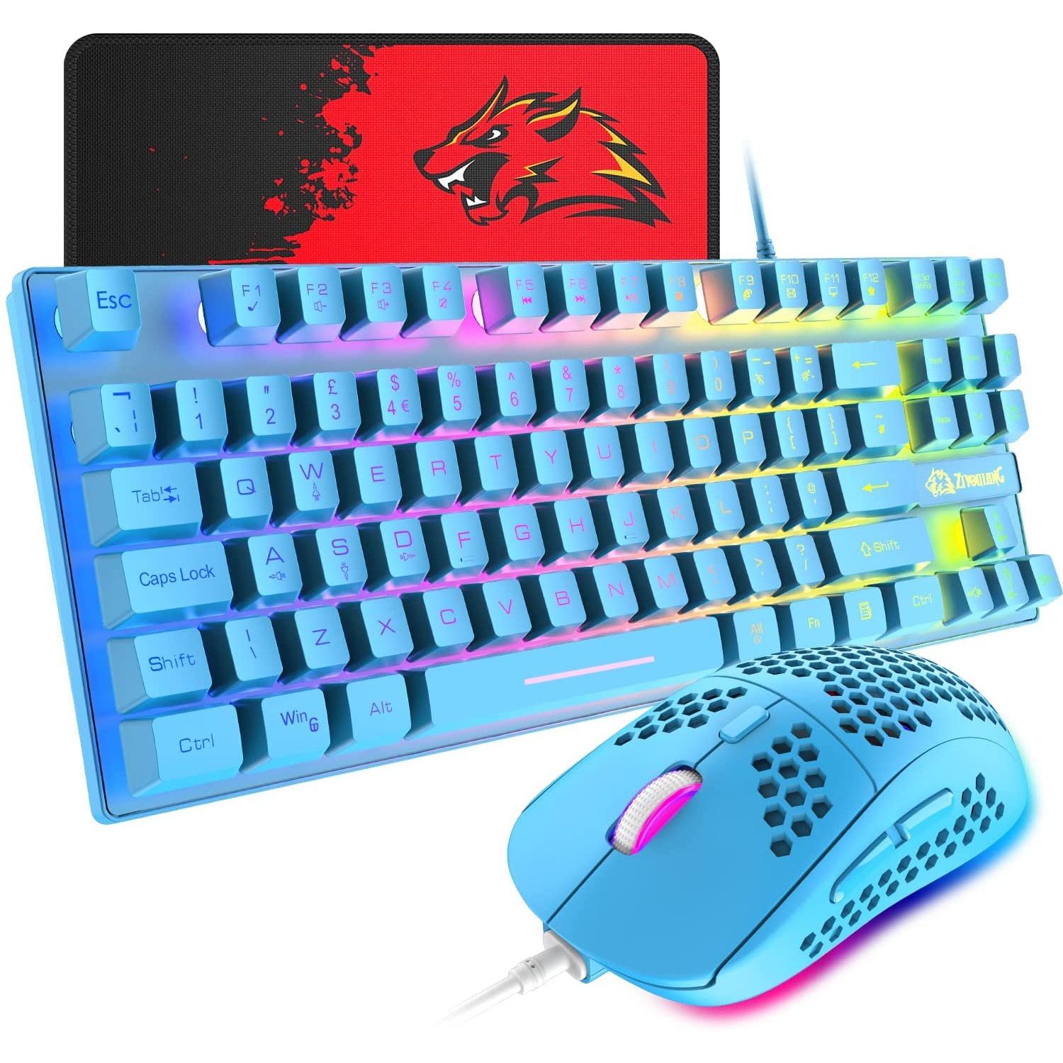 Gaming Keyboard and Mouse Combo,88 Keys Compact Rainbow Backlit Mechanical Feel Keyboard,RGB Backlit 6400 DPI Lightweight Ga
