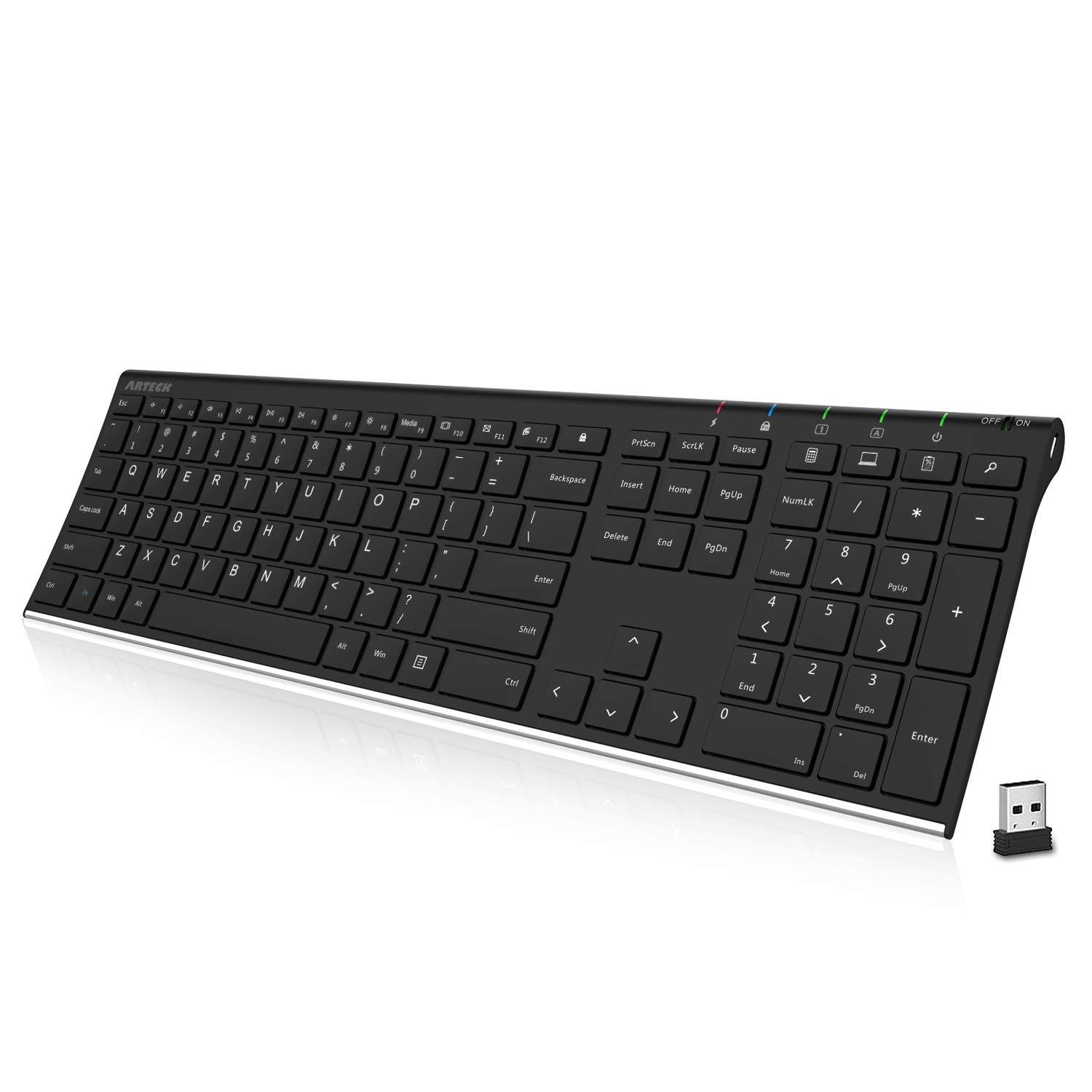 Arteck 2.4G Wireless Keyboard Stainless Steel Ultra Slim Full Size Keyboard  with Numeric Keypad for Computer/Desktop/ PC/Lap