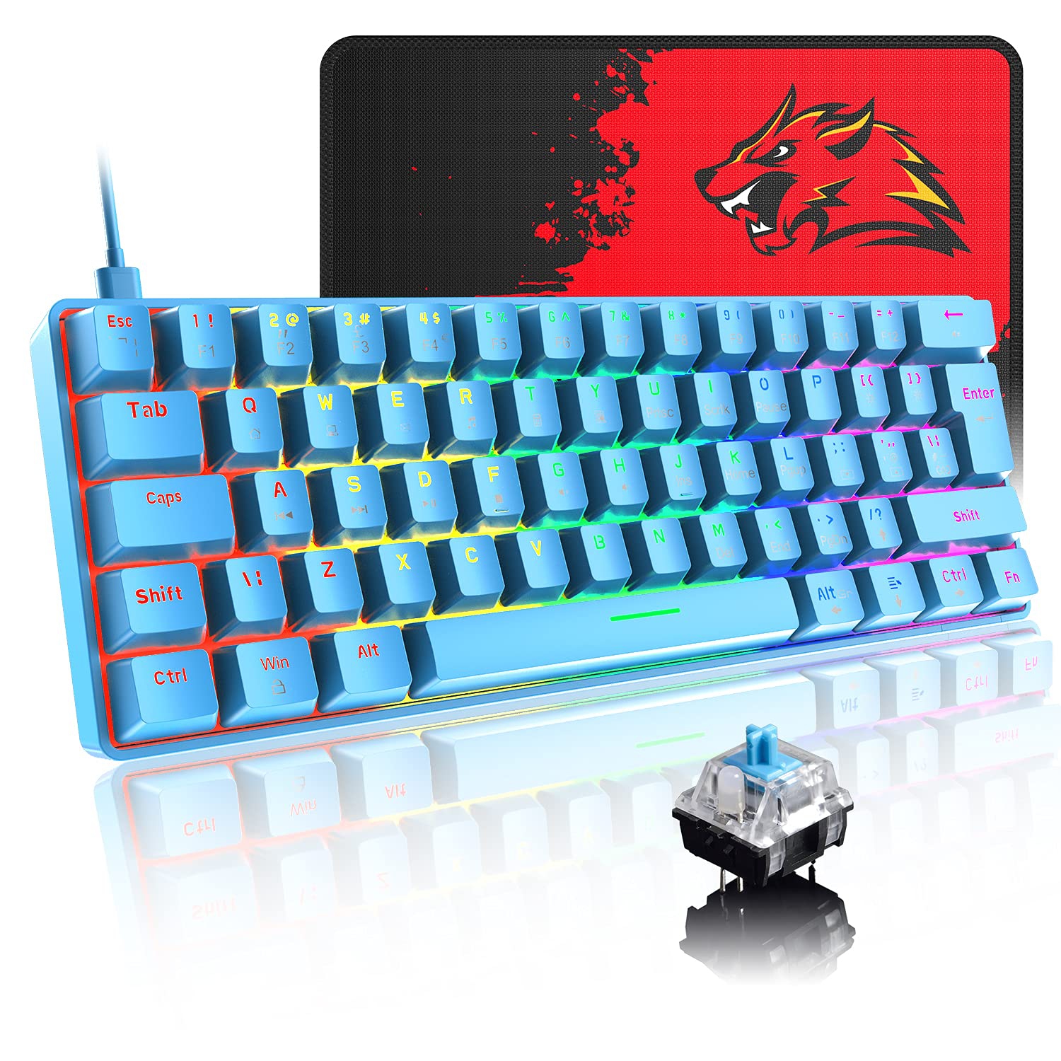 Clavier de jeu mécanique 60 % véritable 20 RVB Chroma rétroéclairé touches de type C avec fil 62 touches Waterpr pour le jeu de Blue
