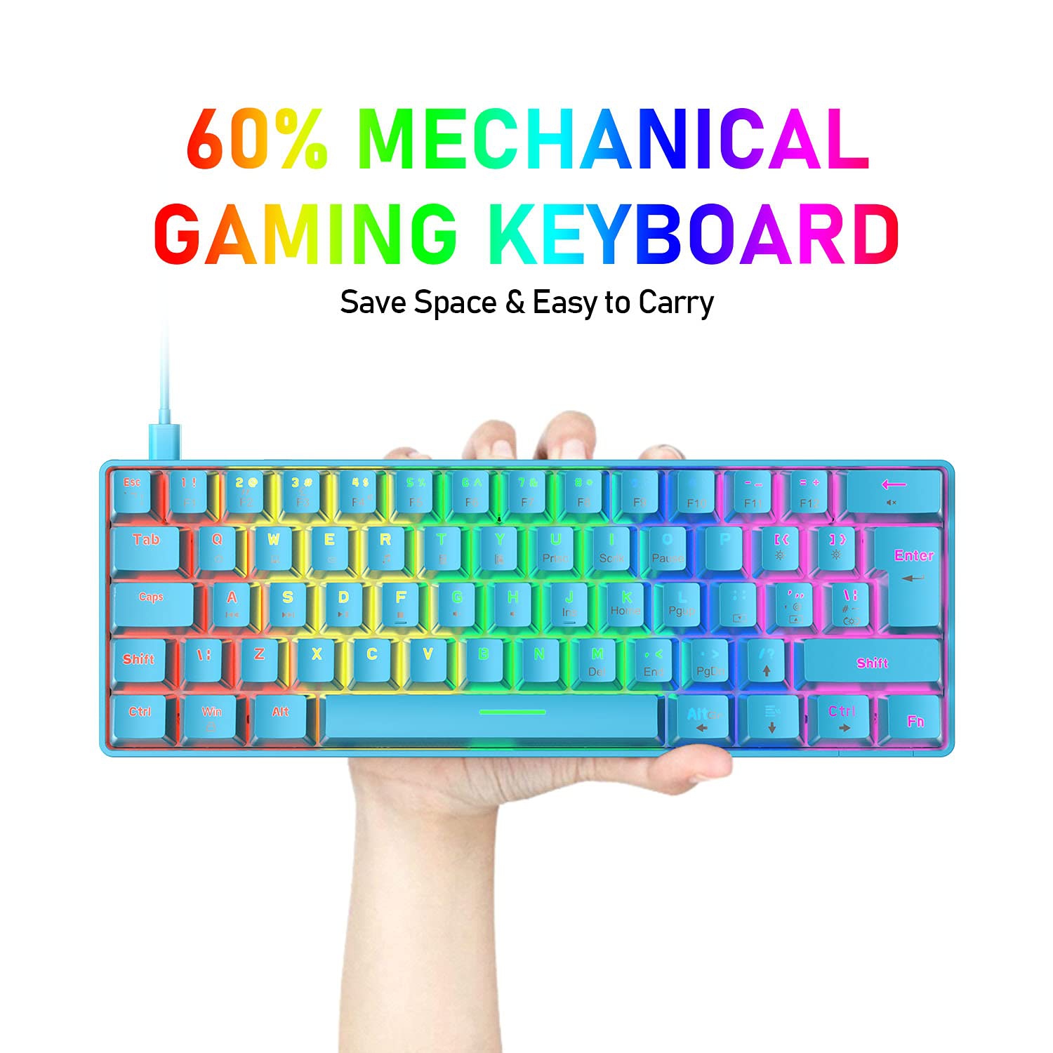 Clavier de jeu mécanique 60 % véritable 20 RVB Chroma rétroéclairé touches de type C avec fil 62 touches Waterpr pour le jeu de Blue