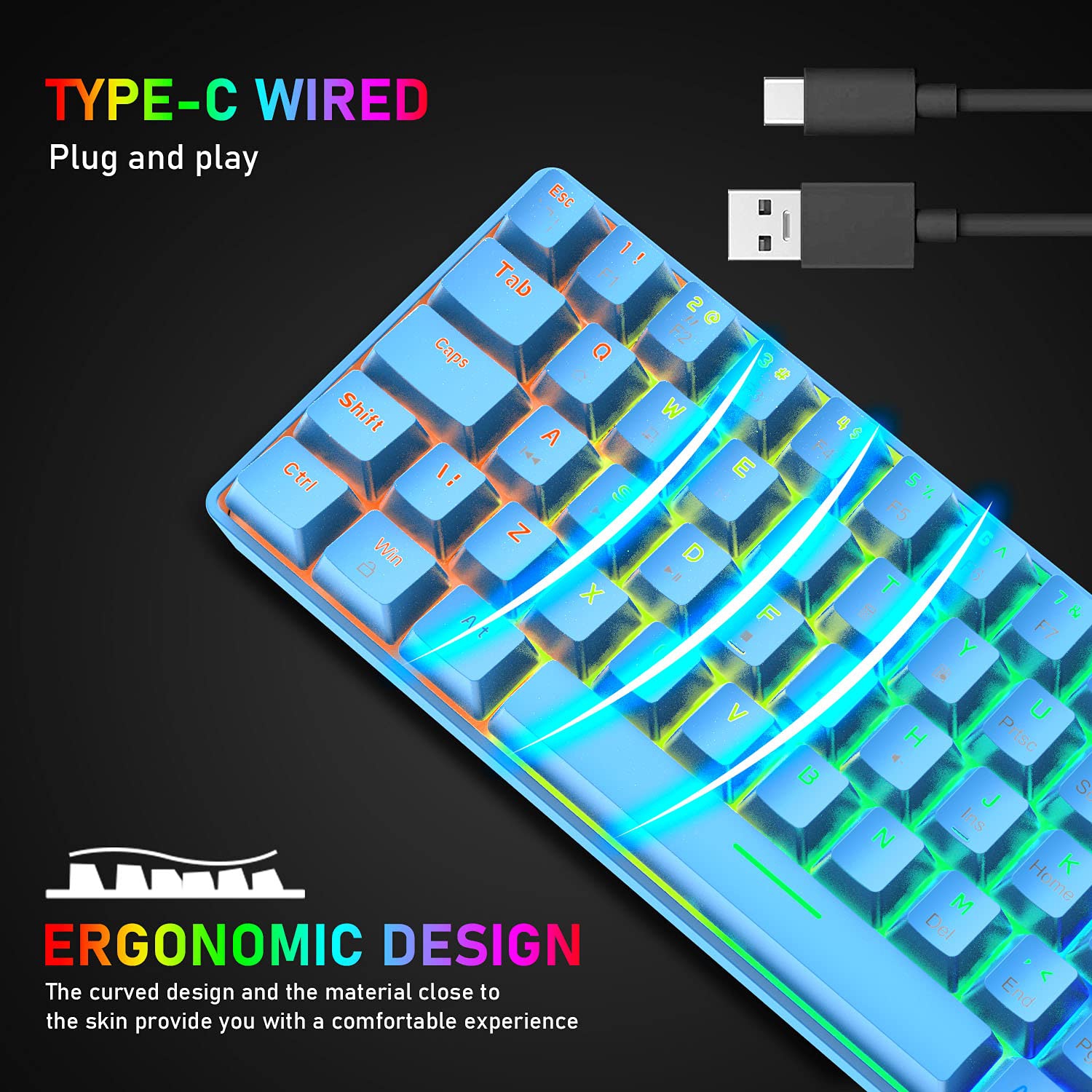 Clavier de jeu mécanique 60 % véritable 20 RVB Chroma rétroéclairé touches de type C avec fil 62 touches Waterpr pour le jeu de Blue