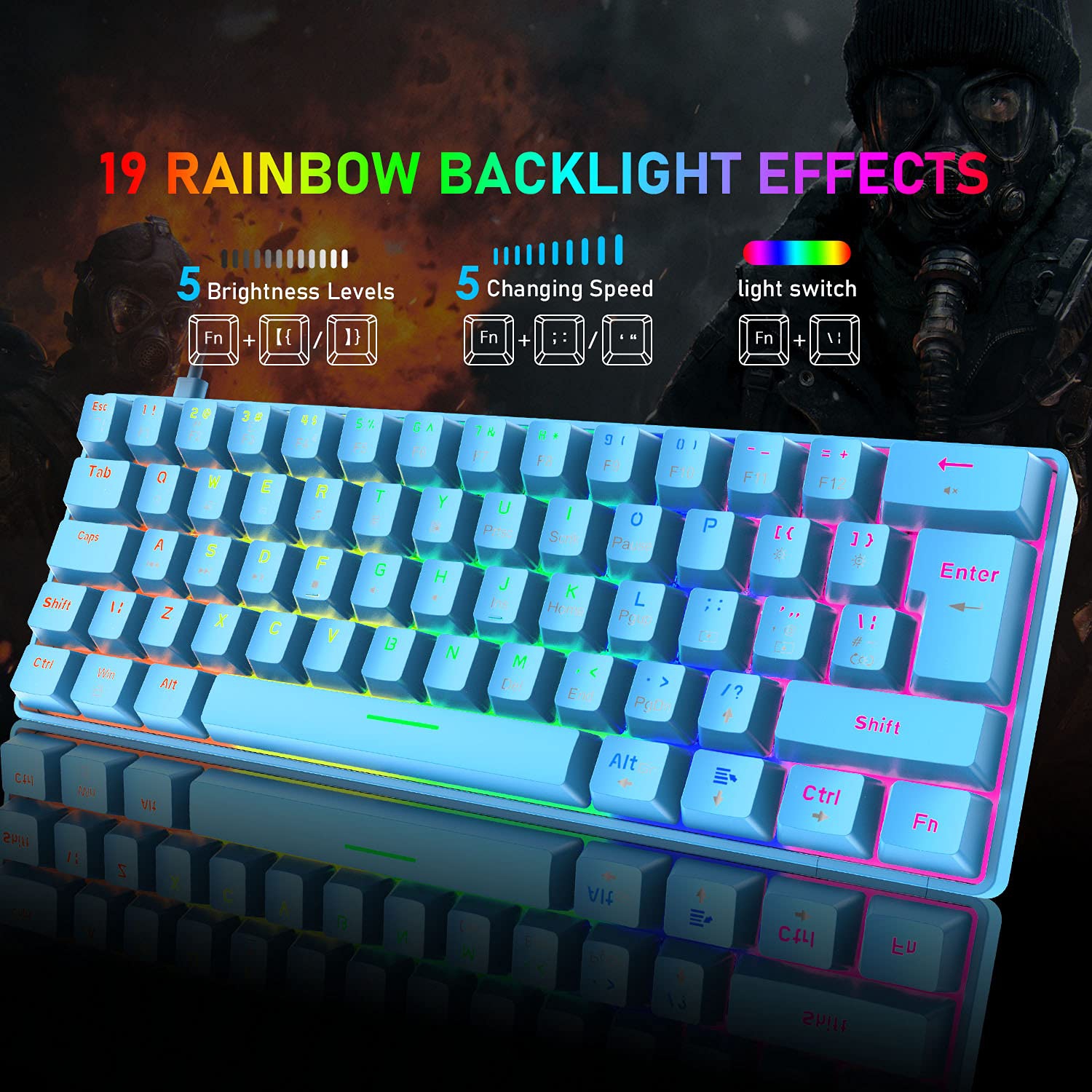 Clavier de jeu mécanique 60 % véritable 20 RVB Chroma rétroéclairé touches de type C avec fil 62 touches Waterpr pour le jeu de Blue