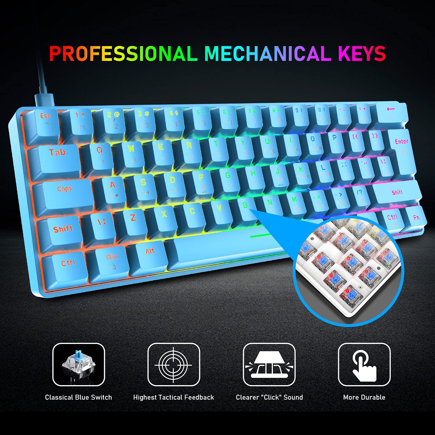 Clavier de jeu mécanique 60 % véritable 20 RVB Chroma rétroéclairé touches de type C avec fil 62 touches Waterpr pour le jeu de Blue