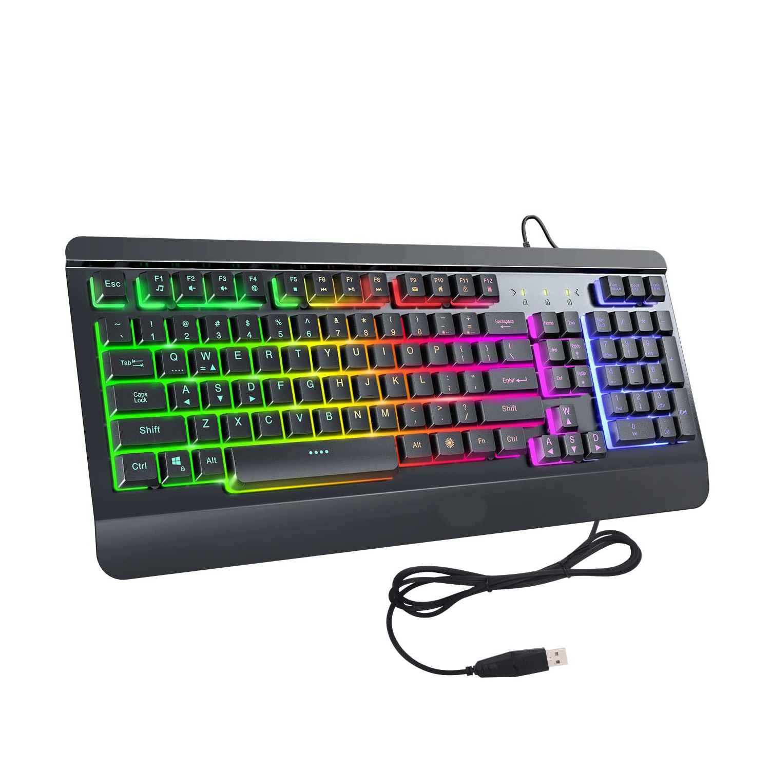 Clavier de jeu, clavier USB rétroéclairé DEL arc-en-ciel avec panneau en métal, clavier illuminé et repose-poignets ergonomique, 19