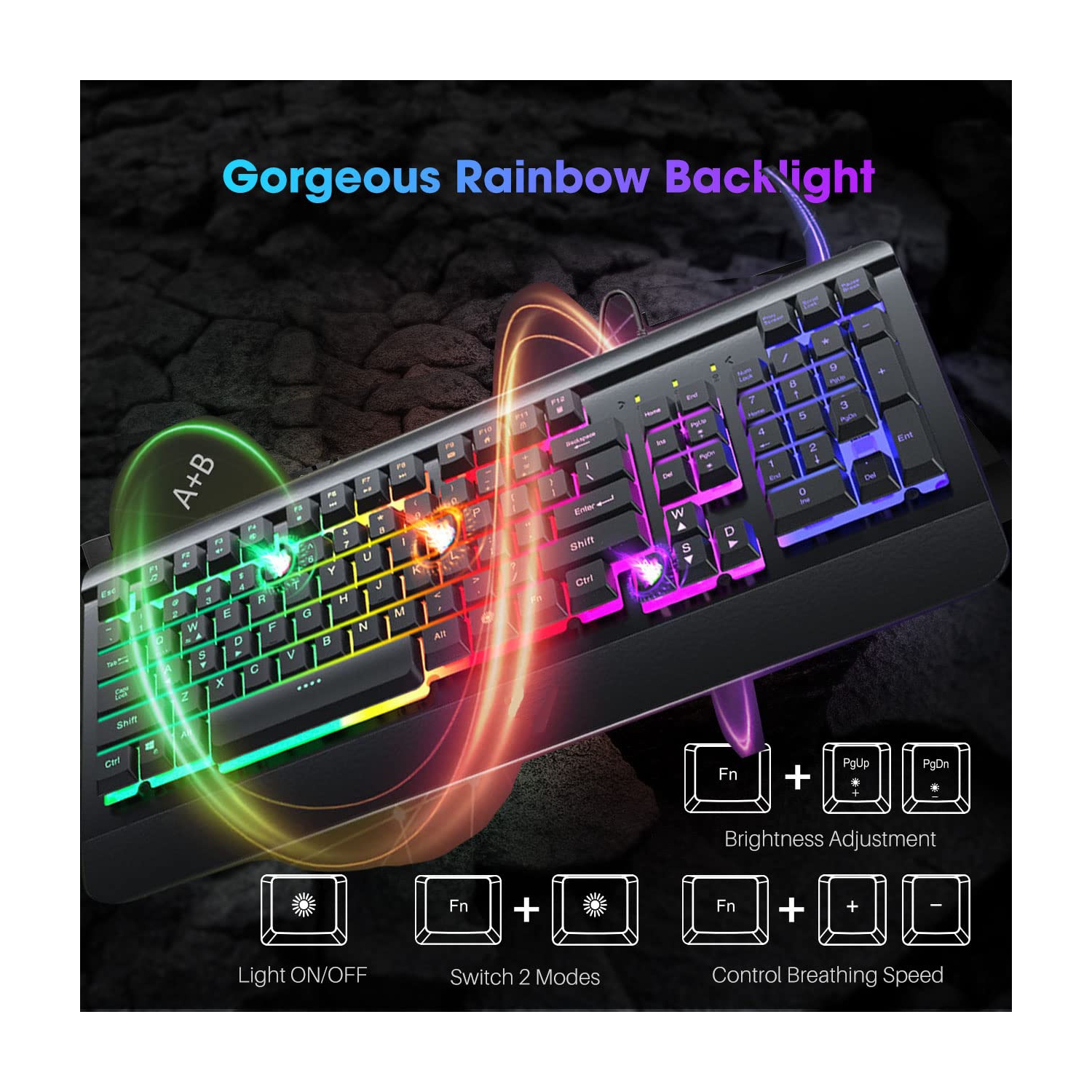 Clavier de jeu, clavier USB rétroéclairé DEL arc-en-ciel avec panneau en métal, clavier illuminé et repose-poignets ergonomique, 19