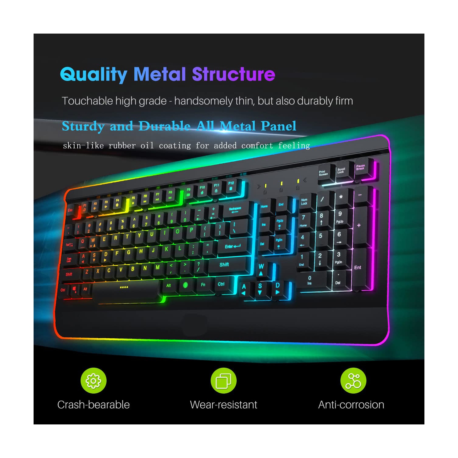 Clavier de jeu, clavier USB rétroéclairé DEL arc-en-ciel avec panneau en métal, clavier illuminé et repose-poignets ergonomique, 19