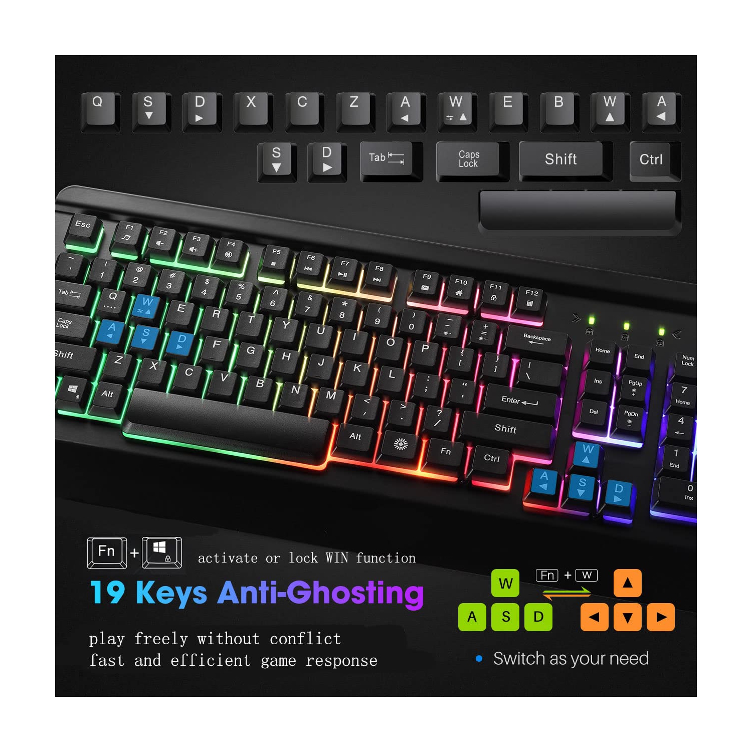 Clavier de jeu, clavier USB rétroéclairé DEL arc-en-ciel avec panneau en métal, clavier illuminé et repose-poignets ergonomique, 19