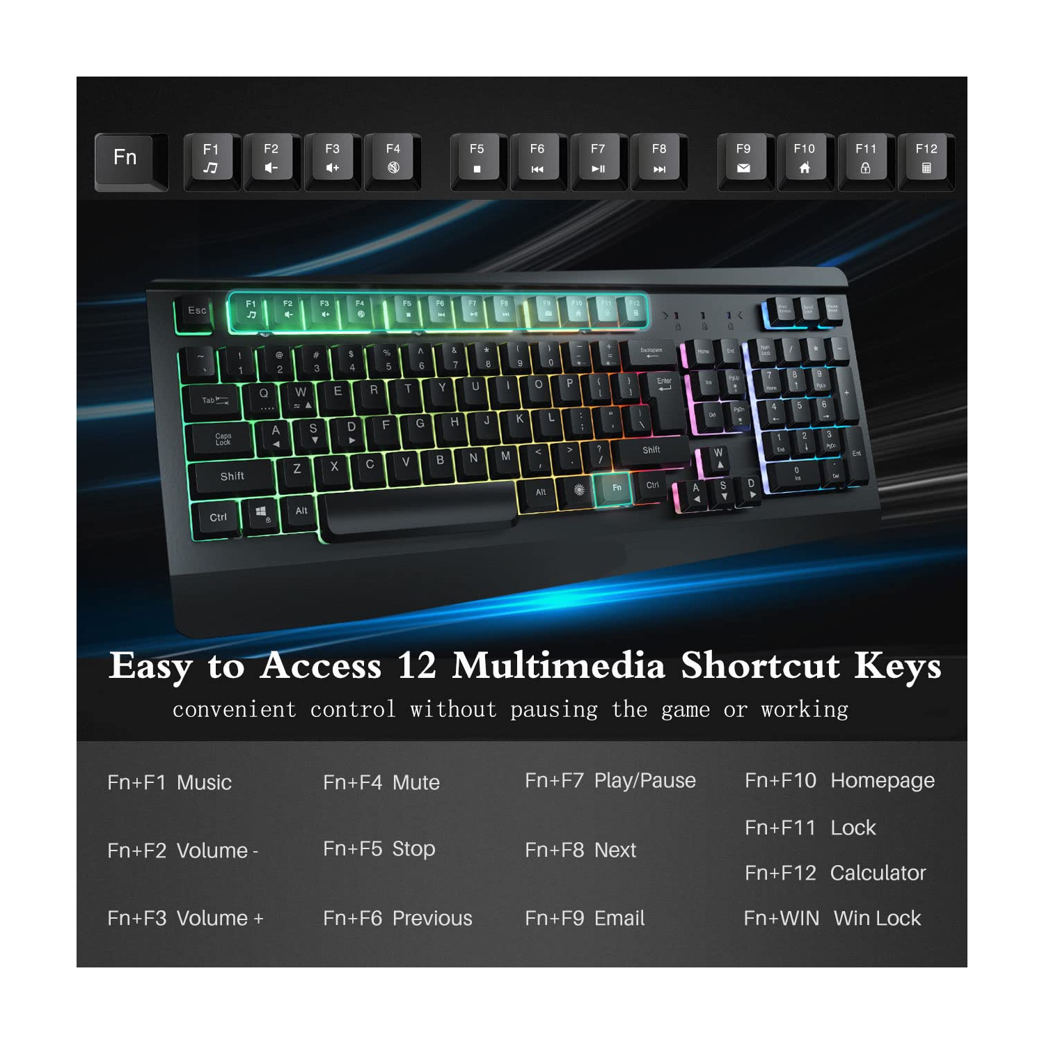 Clavier de jeu, clavier USB rétroéclairé DEL arc-en-ciel avec panneau en métal, clavier illuminé et repose-poignets ergonomique, 19