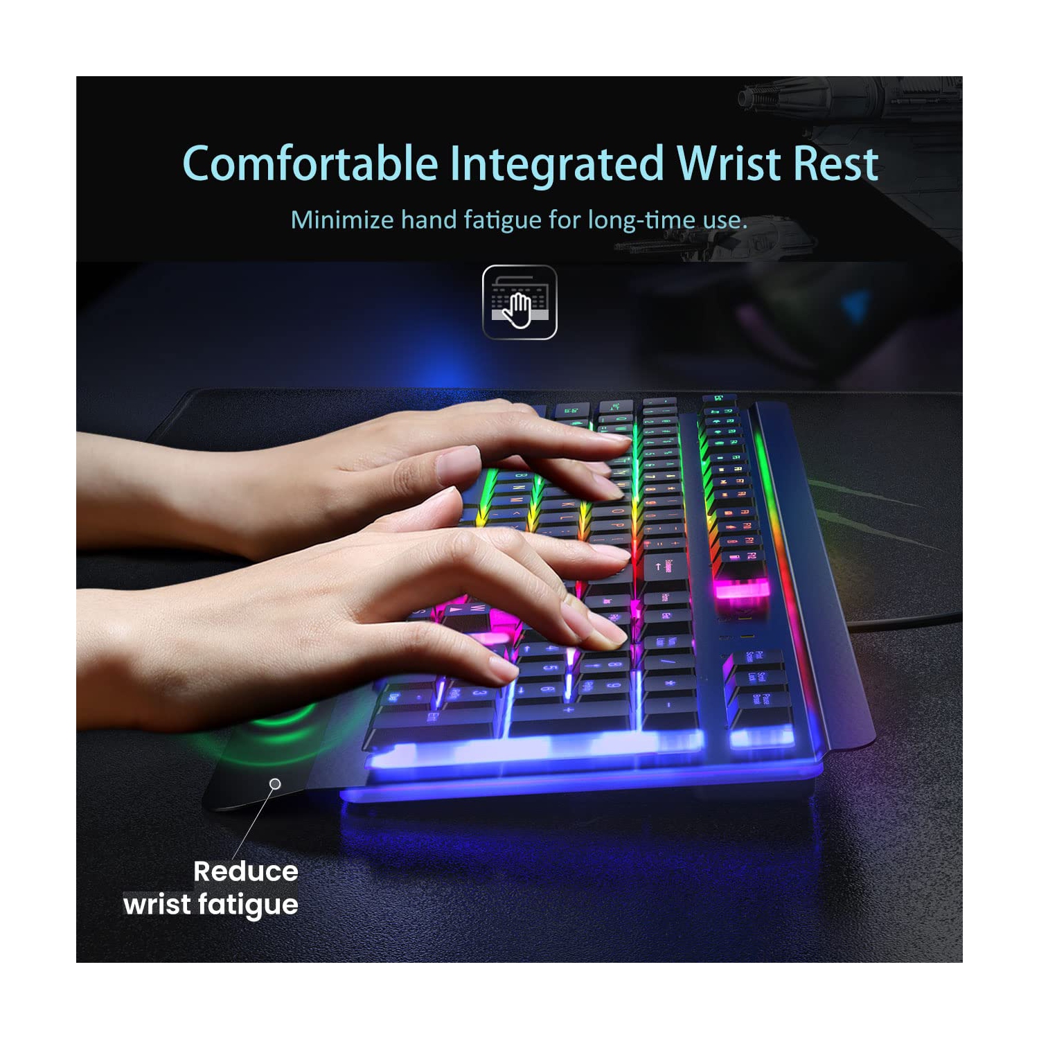 Clavier de jeu, clavier USB rétroéclairé DEL arc-en-ciel avec panneau en métal, clavier illuminé et repose-poignets ergonomique, 19