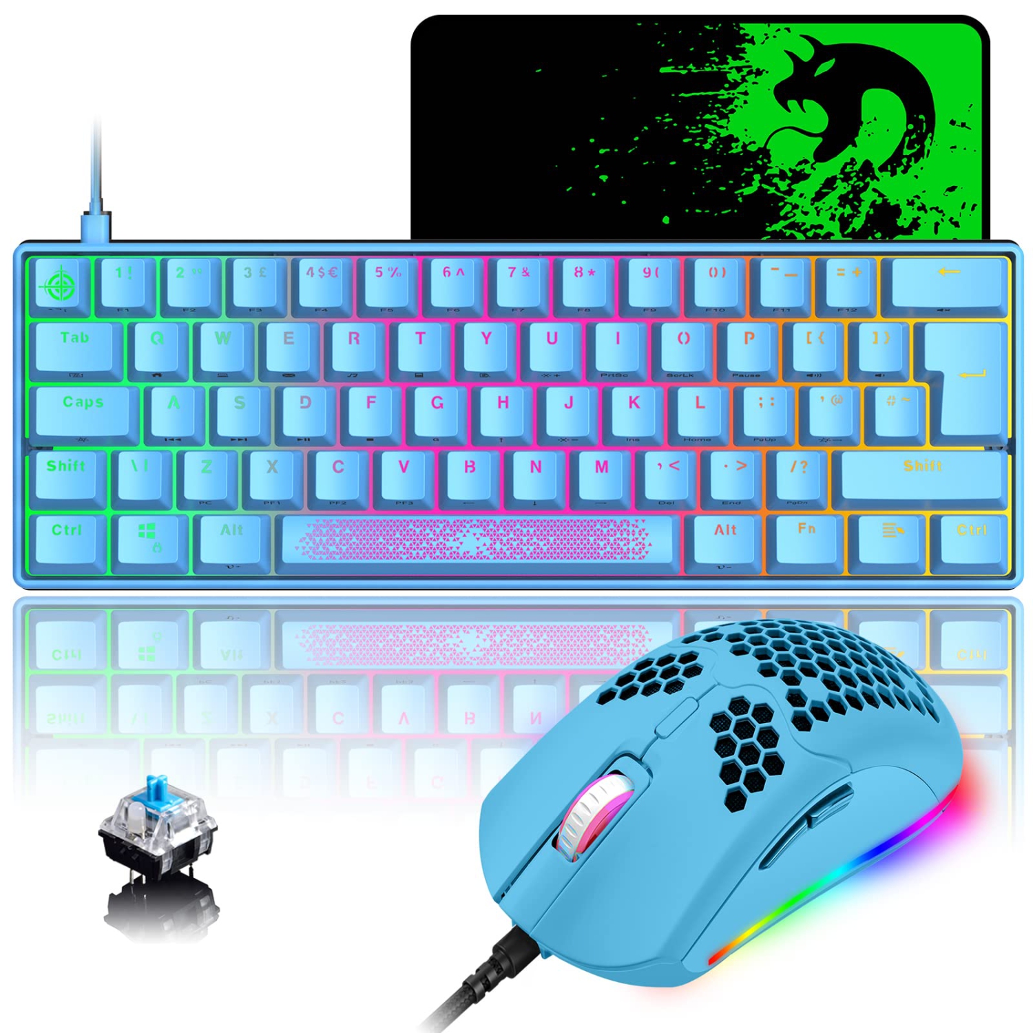 Mechanical Mini RGB Gaming Keyboard and Mouse with Compact 62Key Layout Rainbow Backlight Anti-ghosting 6400DPI Honeycomb Mice Type-C Wired for PC Mac Gamer Laptop( Blue Switch)