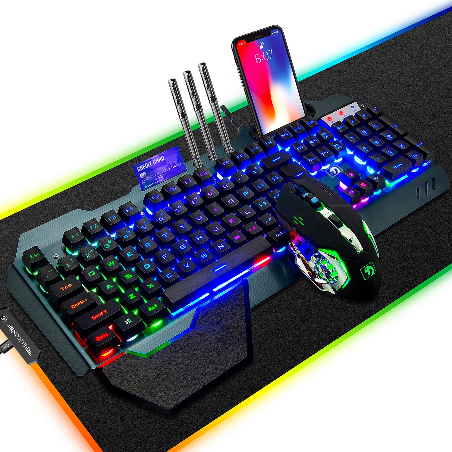 Ensembles de clavier de jeu K13 souris de jeu USB filaire 104 touches rétroéclairage DEL arc-en-ciel clavier de jeu ergonomique + 2400 ppp 4 boutons