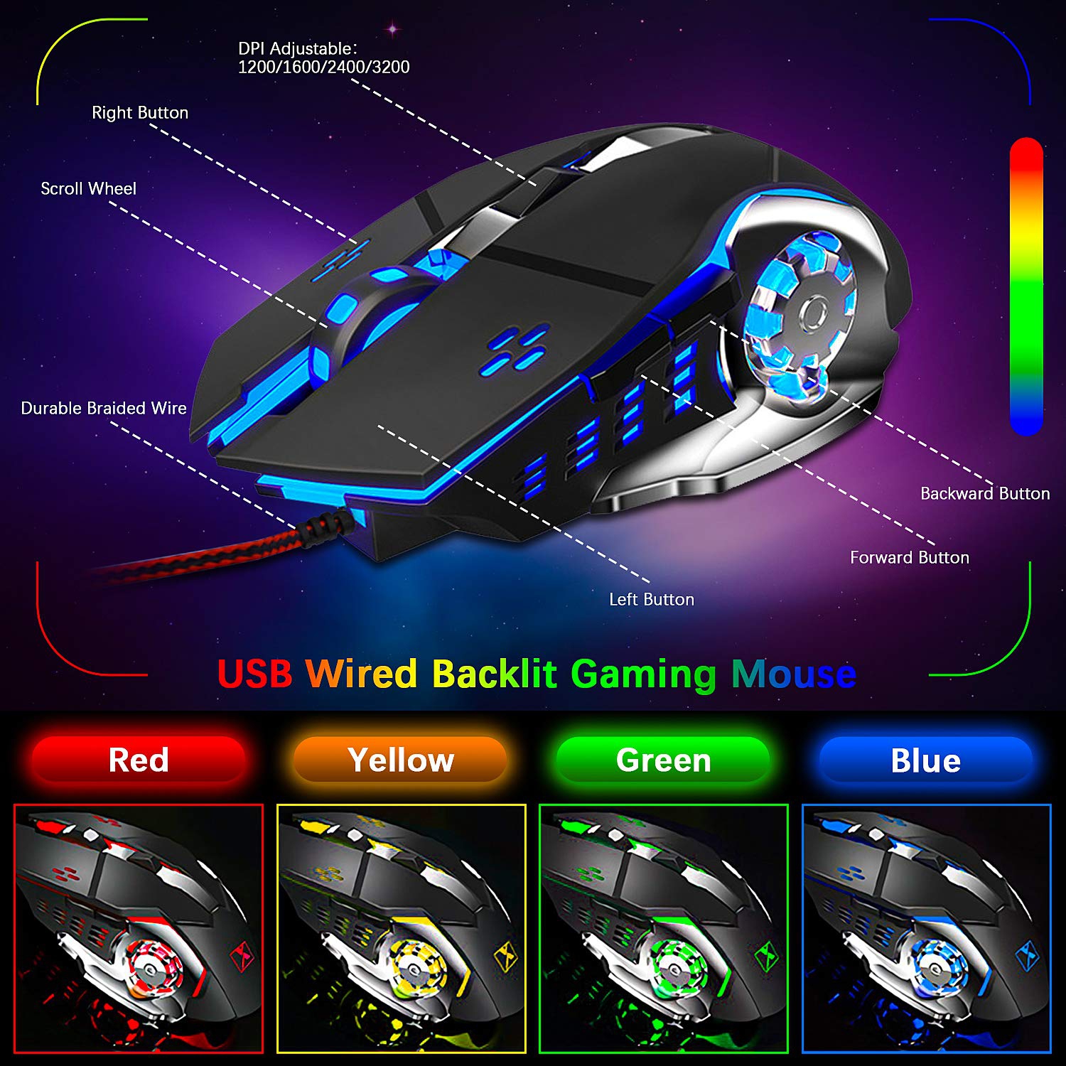 Ensembles de clavier de jeu K13 souris de jeu USB filaire 104 touches rétroéclairage DEL arc-en-ciel clavier de jeu ergonomique + 2400 ppp 4 boutons