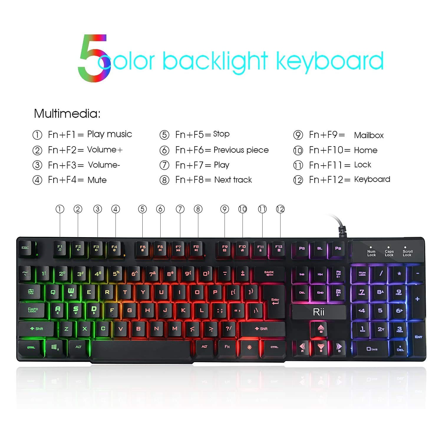 Rii RGB Wired Gaming Keyboard,Rainbow Mixed Backlit Keyboard for PC,Laptop, Gaming,Home Office