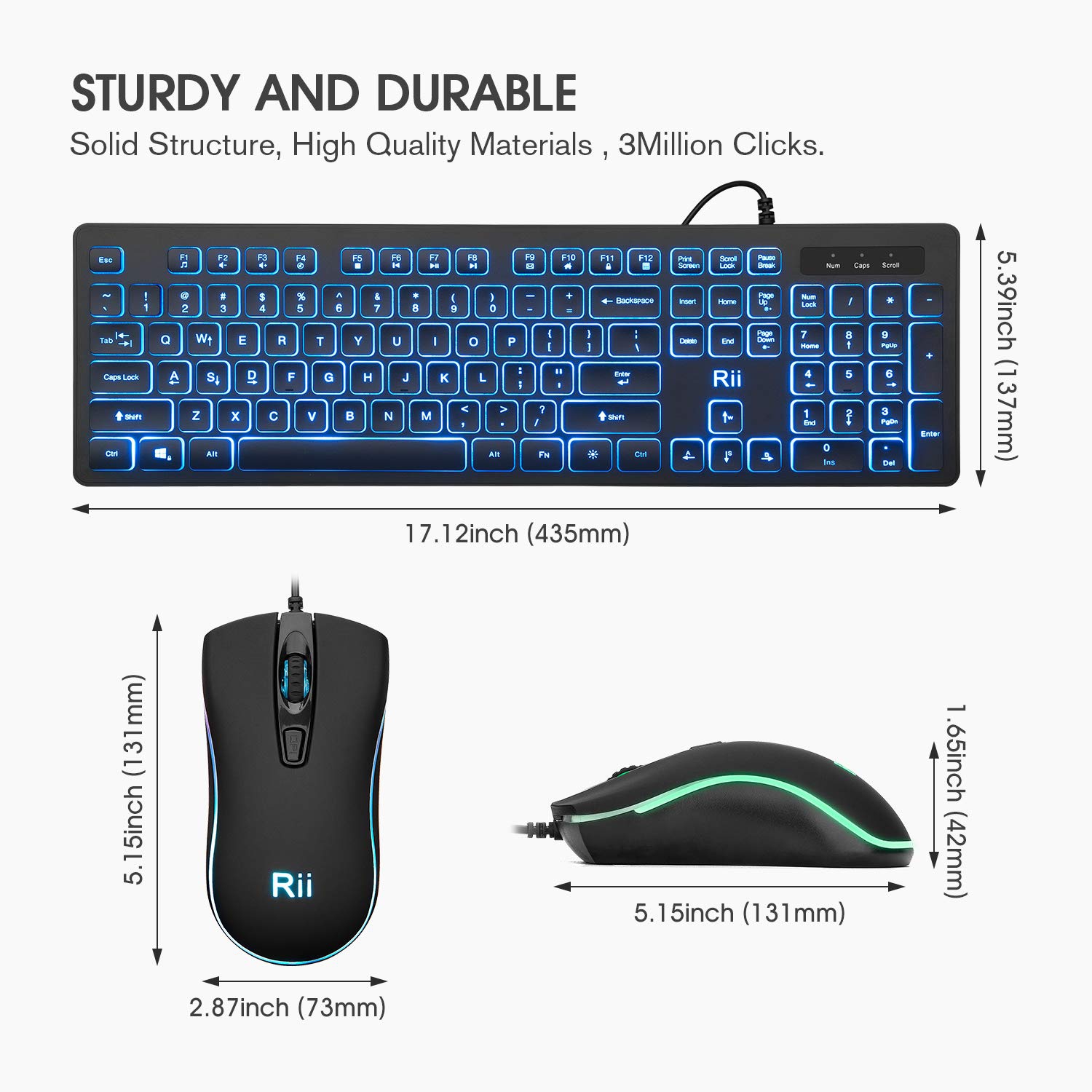 Clavier et souris RVB Rii RK105, ensemble clavier et souris avec fil, ensemble clavier et souris USB, clavier et souris de jeu à entrée silencieuse,