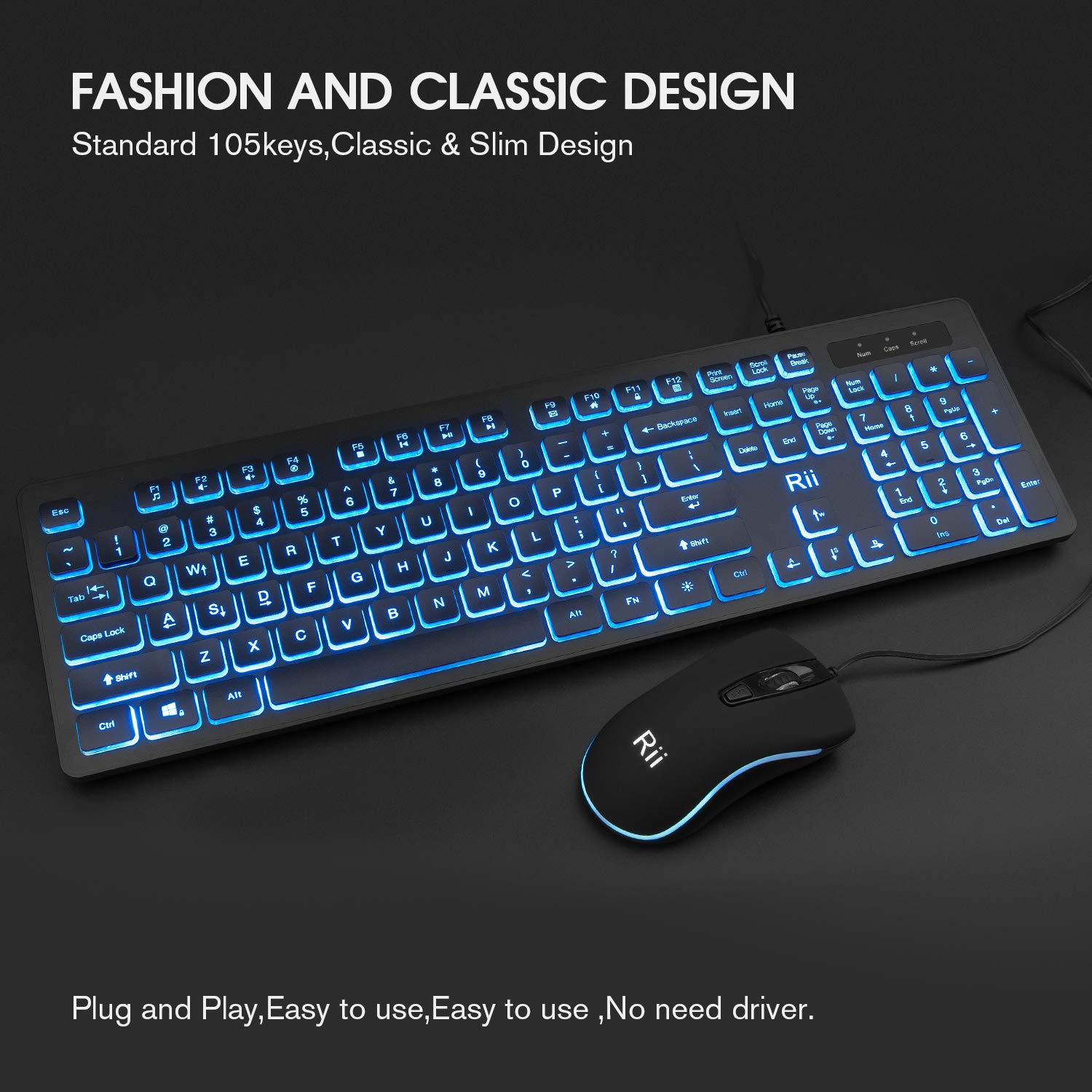 Clavier et souris RVB Rii RK105, ensemble clavier et souris avec fil, ensemble clavier et souris USB, clavier et souris de jeu à entrée silencieuse,